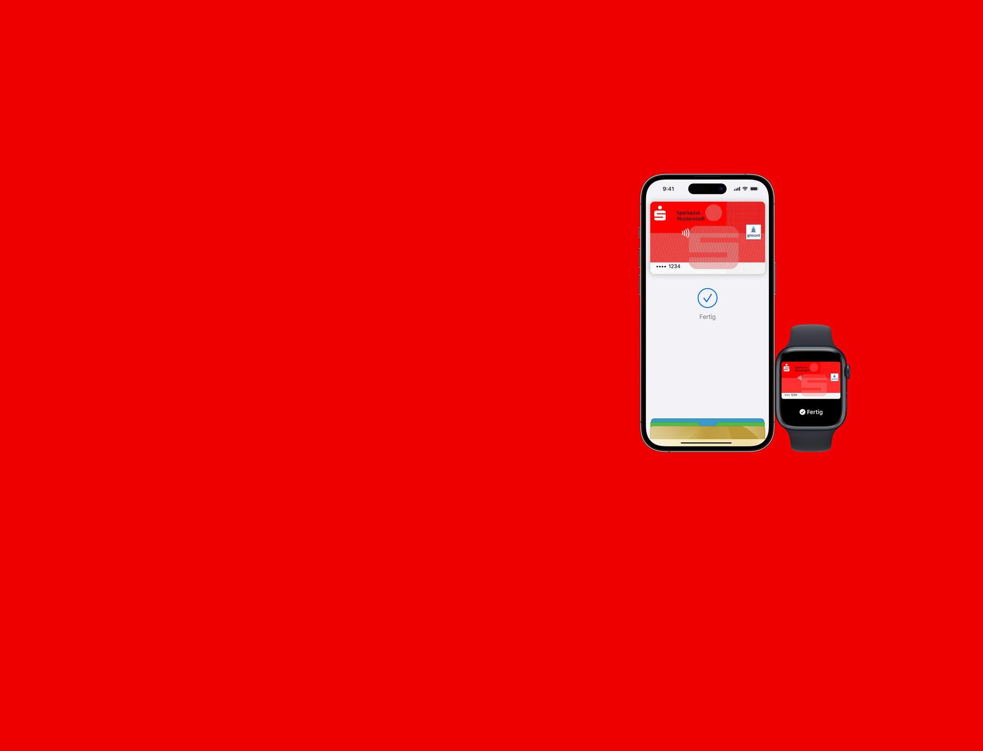 Handy mit Apple Anwendung und Apple Watch vor rotem Hintergrund