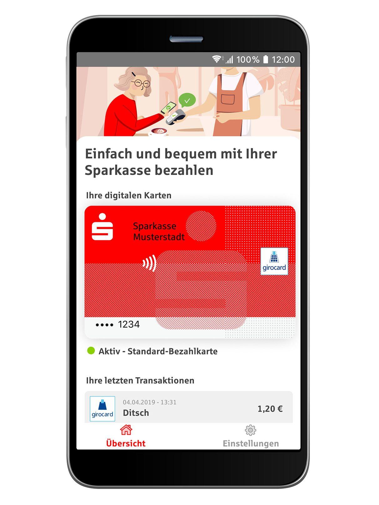 Ein Smartphone-Bildschirm auf weißem Grund. Eine Transaktion mit der digitalen Karte der Sparkasse über den Betrag von 1,20 Euro wird angezeigt.