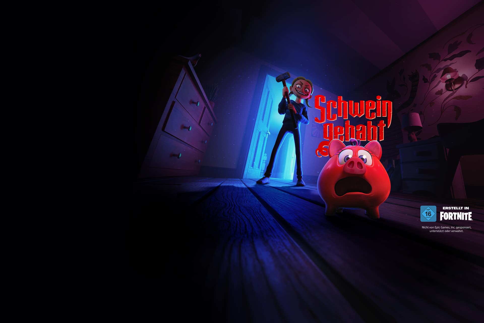 Illustration: Ein rotes Sparschwein flieht vor einem grinsenden Mädchen mit Hammer. Text ‚Schwein gehabt‘, USK 16, erstellt in Fortnite, nicht von Epic Games gesponsert oder verwaltet.