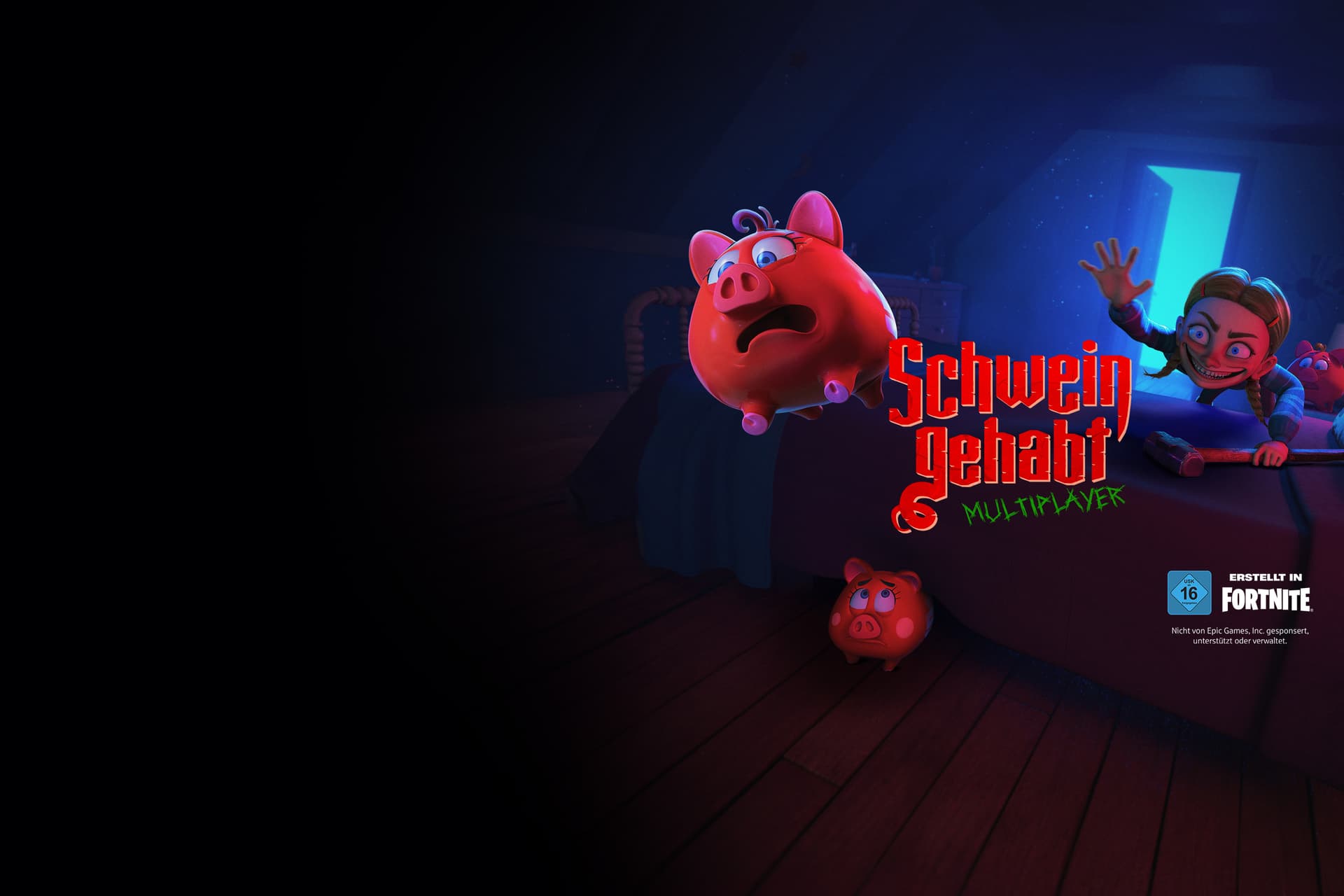  Illustration: Ein rotes Sparschwein flieht vor einem grinsenden Mädchen mit Hammer. Text ‚Schwein gehabt‘, USK 16, erstellt in Fortnite, nicht von Epic Games gesponsert oder verwaltet.