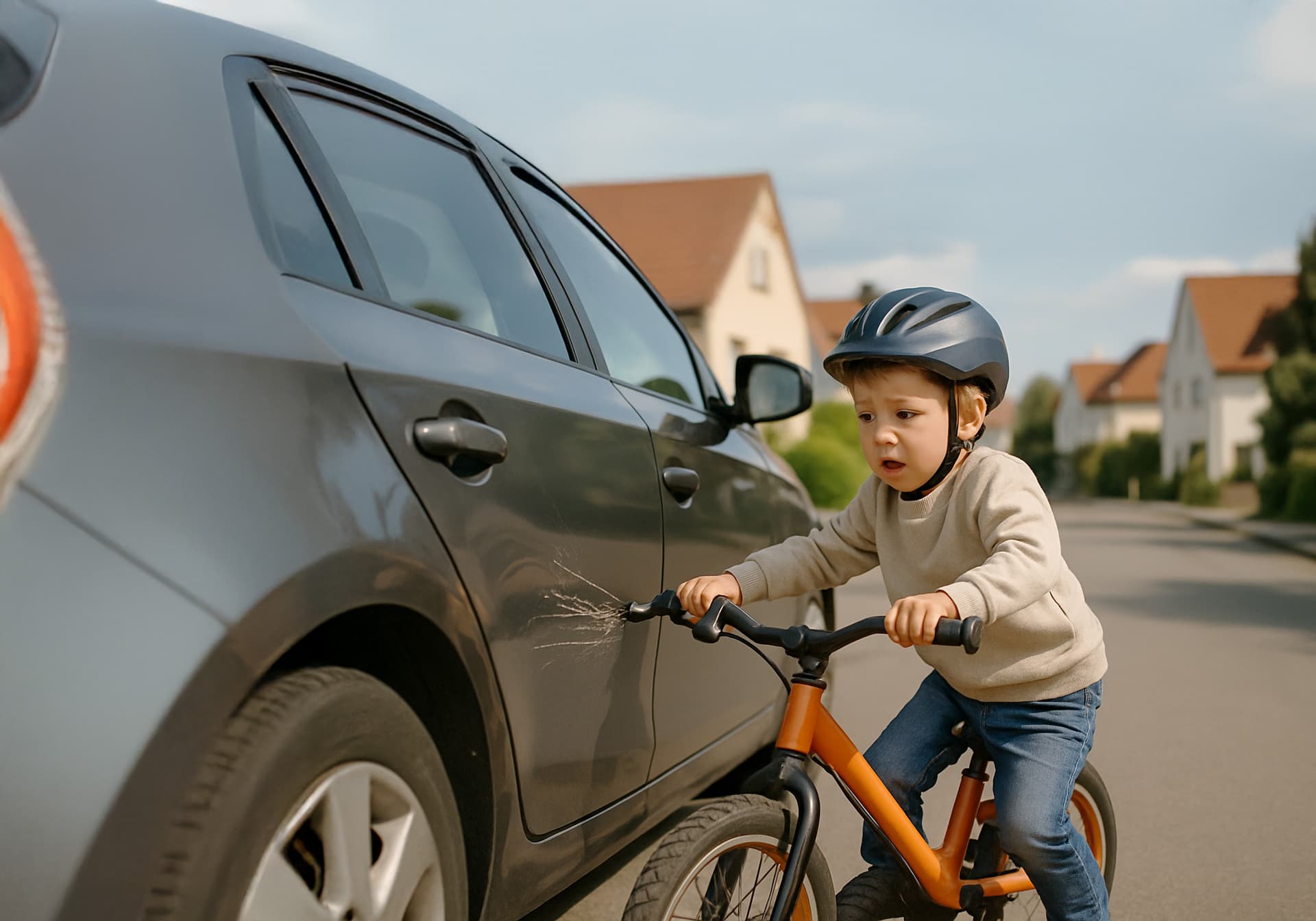 Kleinkind mit Fahrradhelm auf Kinderfahrrad zerkratzt unfreiwillig parkendes Auto 