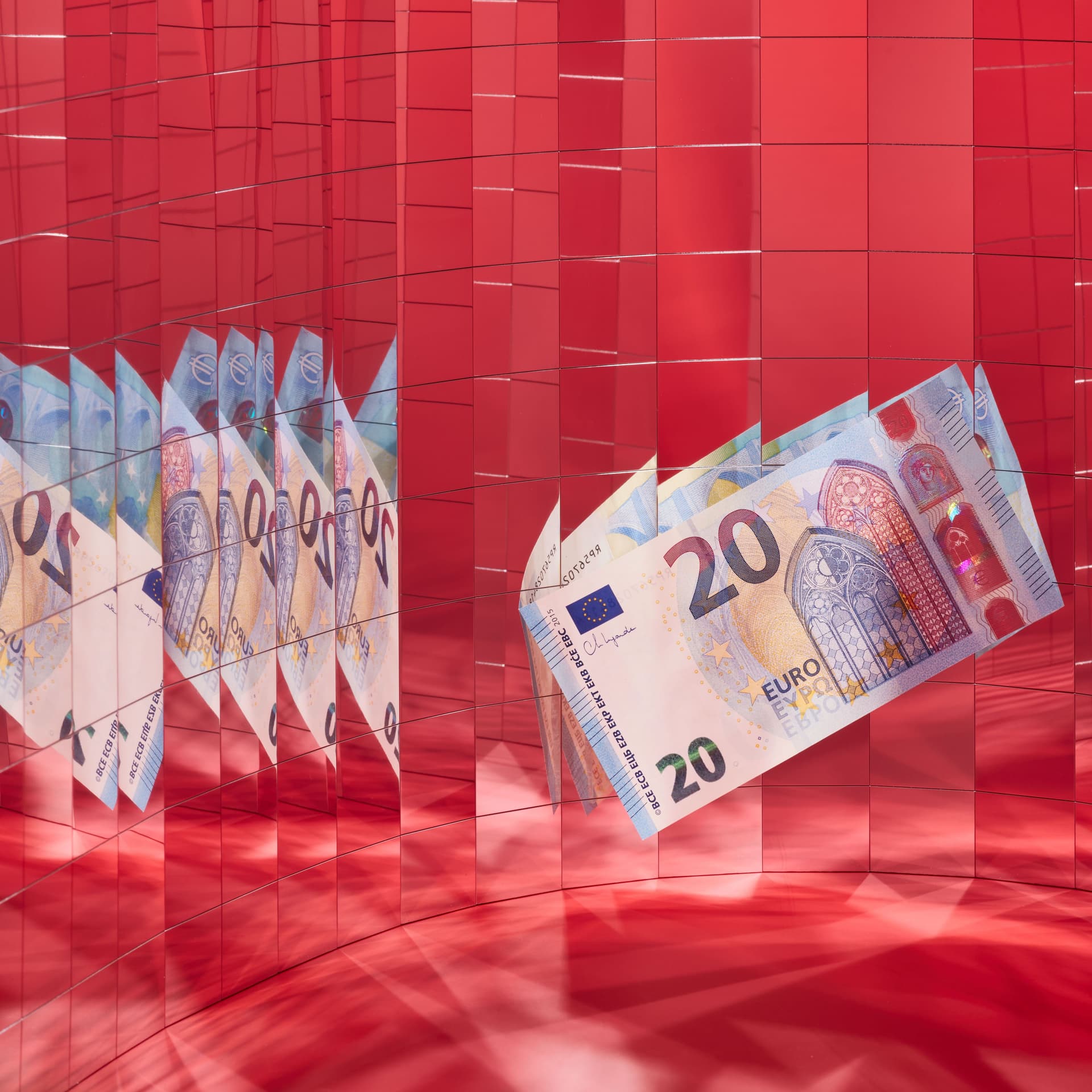 Farbige kuenstlerische Bilder die Geld darstellen. Hintergrund rot, gelb, orange oder gruen. Darstellung von Münzrollen, Geldscheinen und Münzen