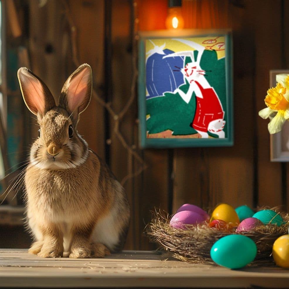 Ein brauner Hase sitzt auf einem Holztisch neben einem Nest mit bunt gefärbten Ostereiern in Violett, Gelb, Türkis und Pink. Im Hintergrund hängt ein beleuchtetes Bild mit einer stilisierten weißen Hasenfigur vor einer bunten Landschaft. 