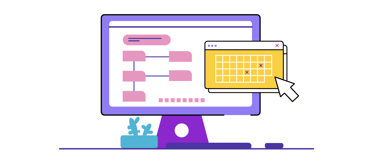 Grafik zu einem digitalen Kalender: Man sieht einen Monitor und darauf ein geöffnetes Fenster mit einem Kalender.