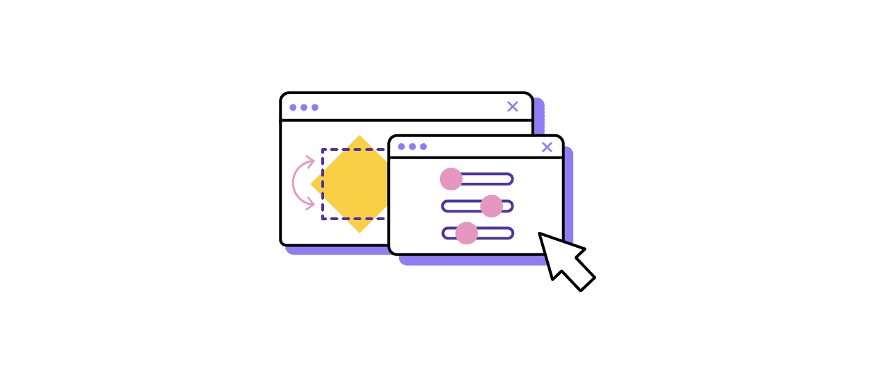 Grafik zu Konfiguratoren: Zwei geöffnete Computerfenster. Das vordere mit Schiebereglern, das hintere mit einem gelben Quadrat und einem Pfeil.
