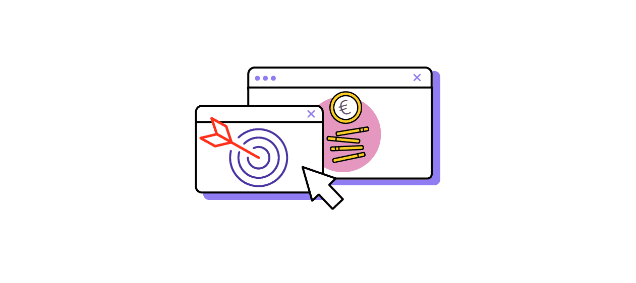 Grafik zu Retargeting: Man sieht zwei geöffnete Computerfenster. Eins mit einer Zielscheibe und einem Pfeil, das andere mit Euro-Münzen übereinander gestapelt.