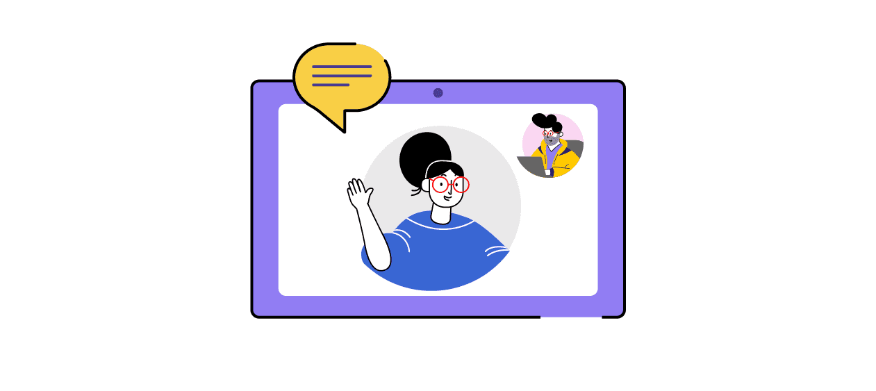 Grafik zu Videotelefonie. Man sieht eine Frau und einen Mann in Comicstil in einer Videokonferenz auf einem Bildschirm.