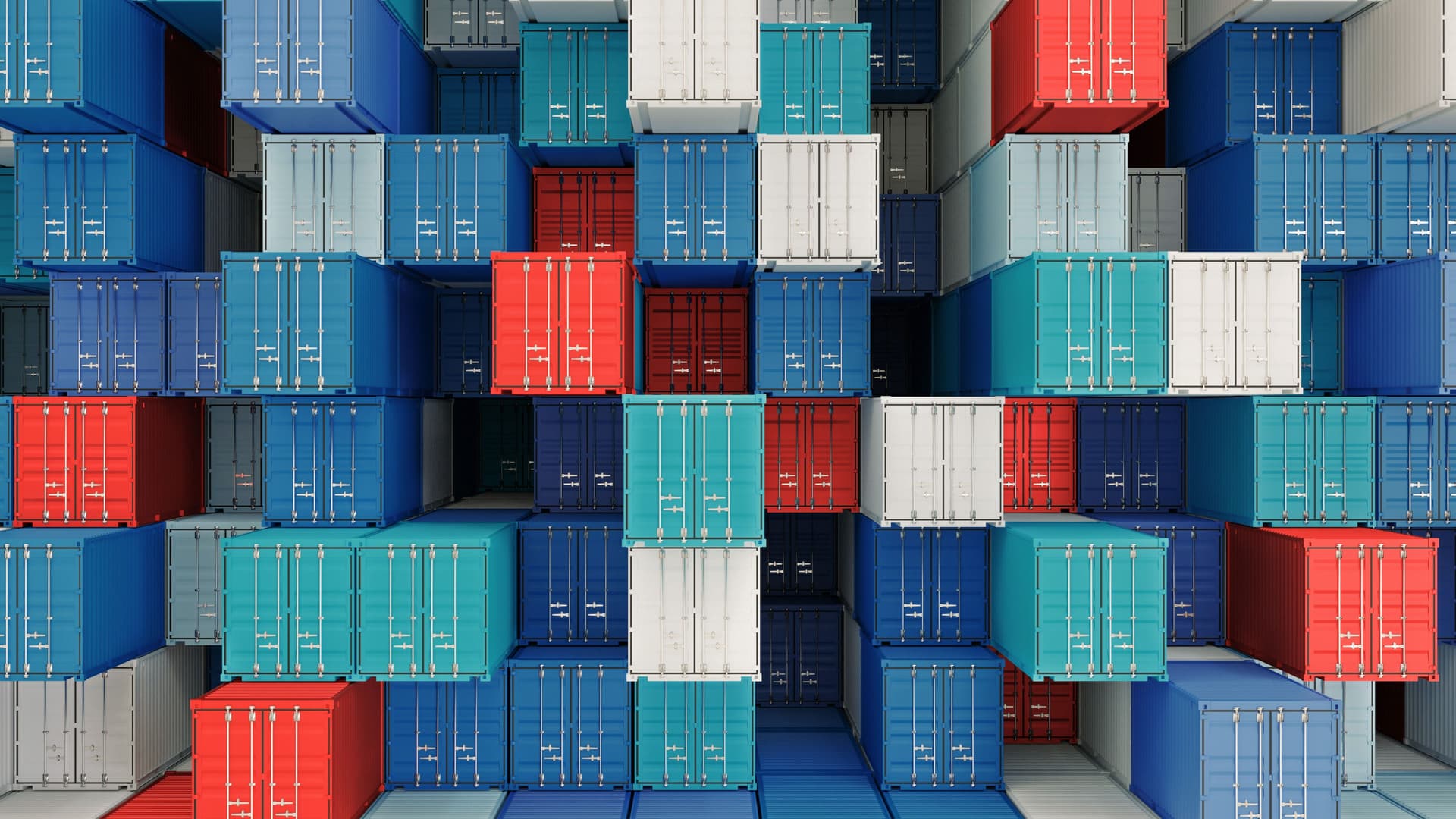 3d Render von versetzt gestapelten, verschiedenfarbigen Schiffscontainern