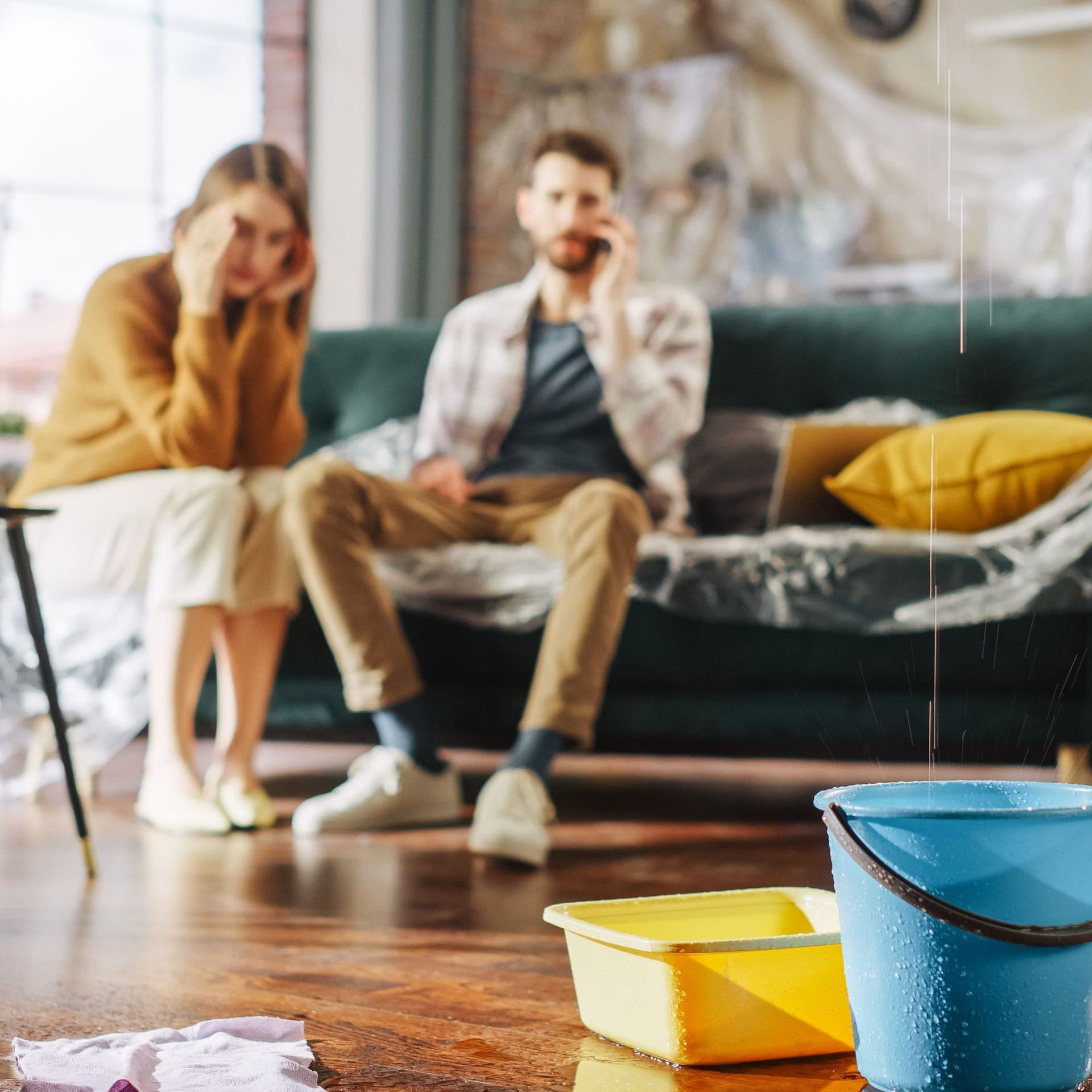 Altbauwohnung mit Wasserschaden mit einem jungen verzweifelt blickenden Paar im Hintergrund