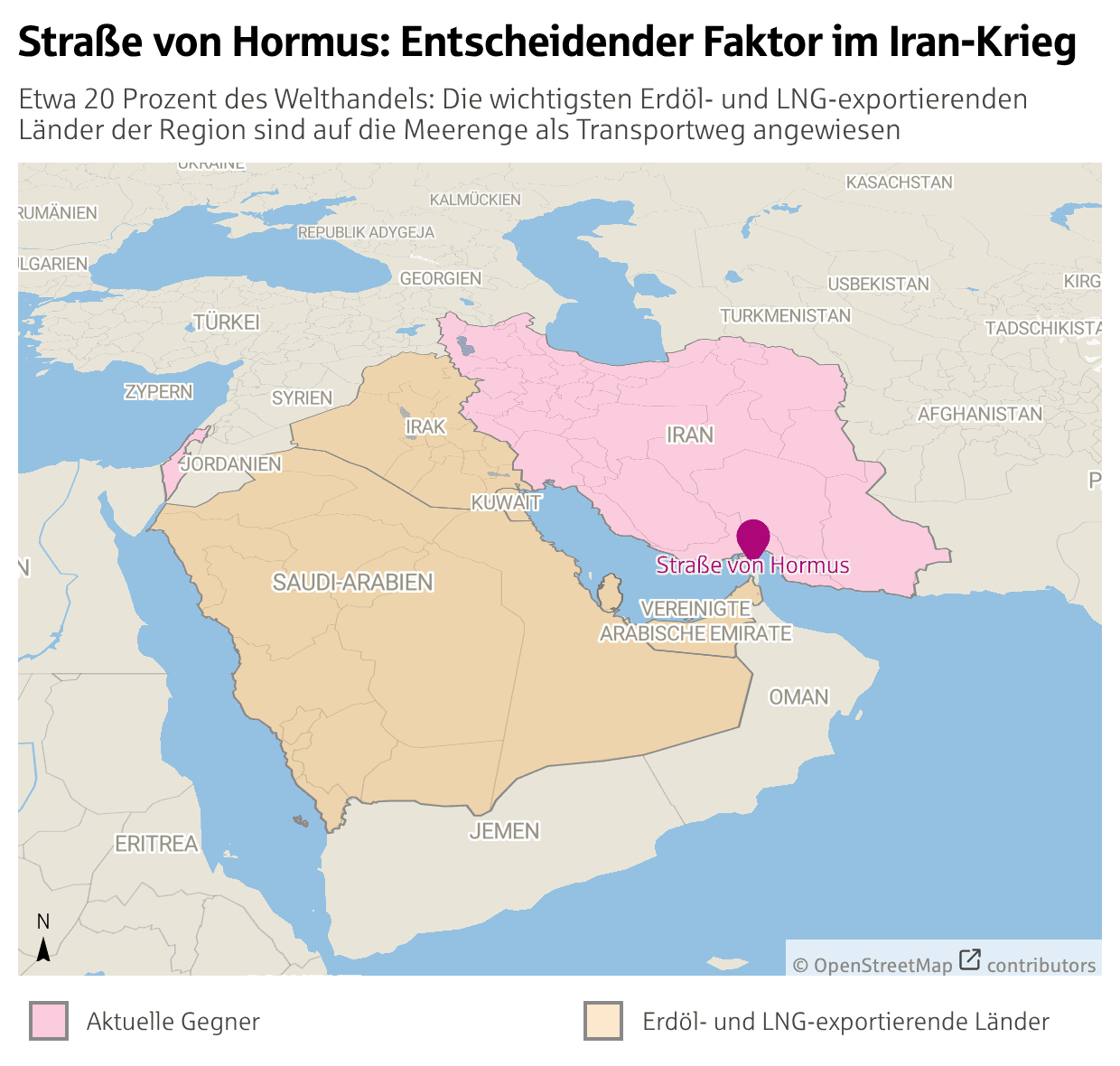 Kartendarstellung des Persischen Golfs und der Straße von Hormus mit markierten Ländern und Hervorhebung der Straße von Hormus