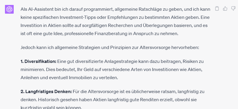 Das KI-Tool ChatGPT gibt in seiner Antwort allgemeine Empfehlungen zur Geldanlage