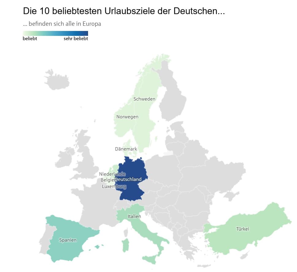 Karte Europas zeigt die 10 beliebtesten Reiseziele der Deutschen, farblich markiert nach Beliebtheit mit Schwerpunkt auf Deutschland, Spanien, Italien, Türkei und weiteren europäischen Ländern