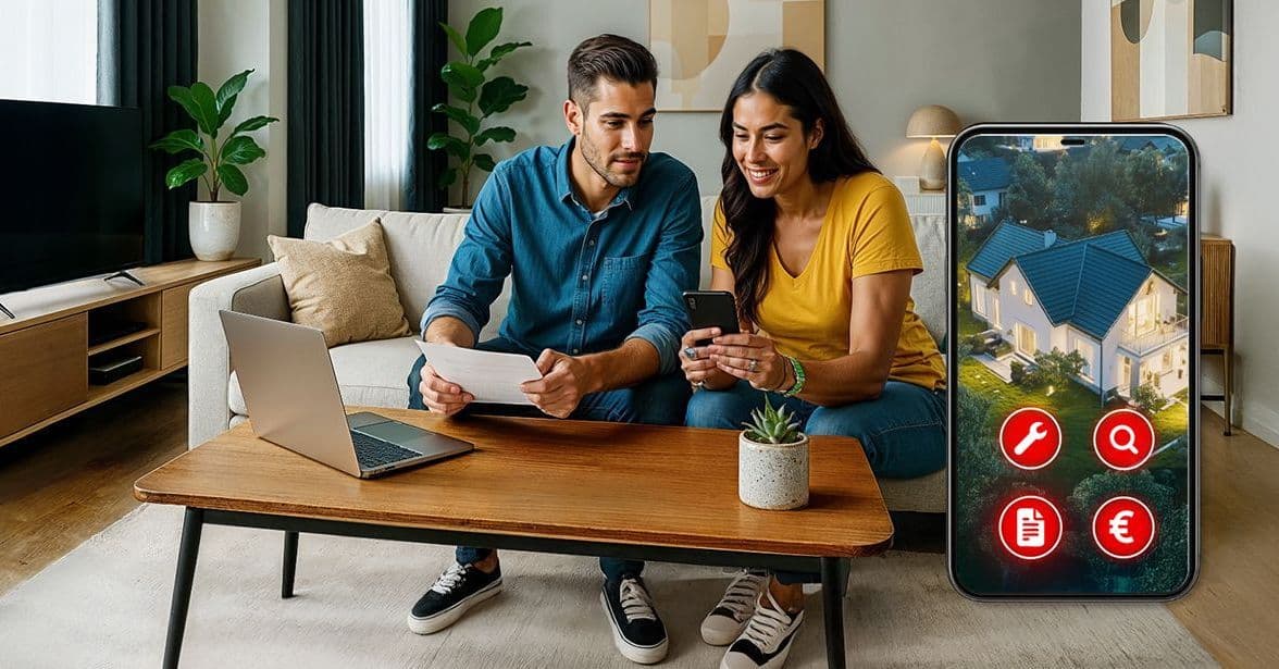 Paar sitzt im Wohnzimmer auf einem Sofa mit Laptop und Smartphone, rechts großes Smartphone-Display zeigt Haus und Icons für Funktionen (Werkzeug, Lupe, Dokument, Euro).