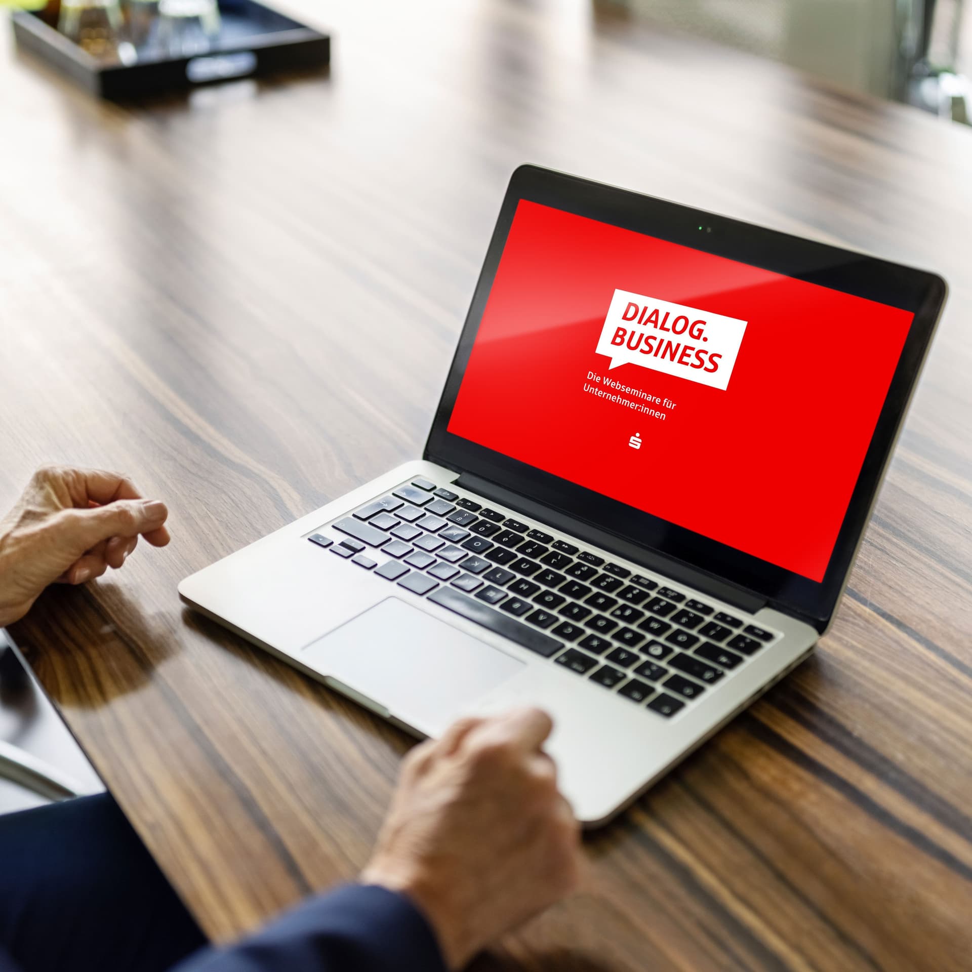 Eine Frau sitzt vor einem Laptop. Auf dem Bildschirm ist der Startscreen DialogBusiness.