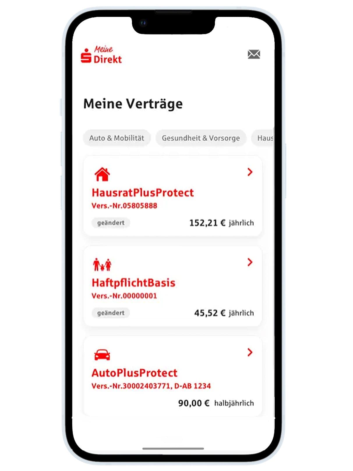 S-Direkt Screen aus der App mit einer Übersicht, aller verwalteten Versicherungen