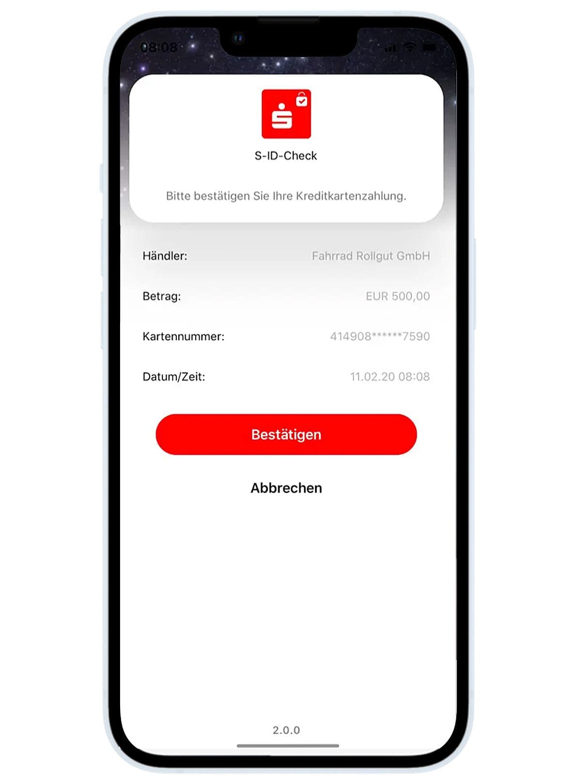 Ein Screenshot der App S-ID-Check. Bestätigung der getätigten Kreditkartenzahlung.