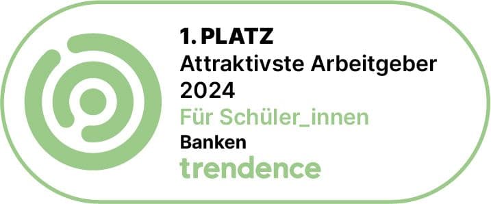 Ein grafisches Siegel von trendence mit der Zeile 'Erster Platz, attraktivste Arbeitgeber 2024 für Schüler und Schülerinnen. Banken'