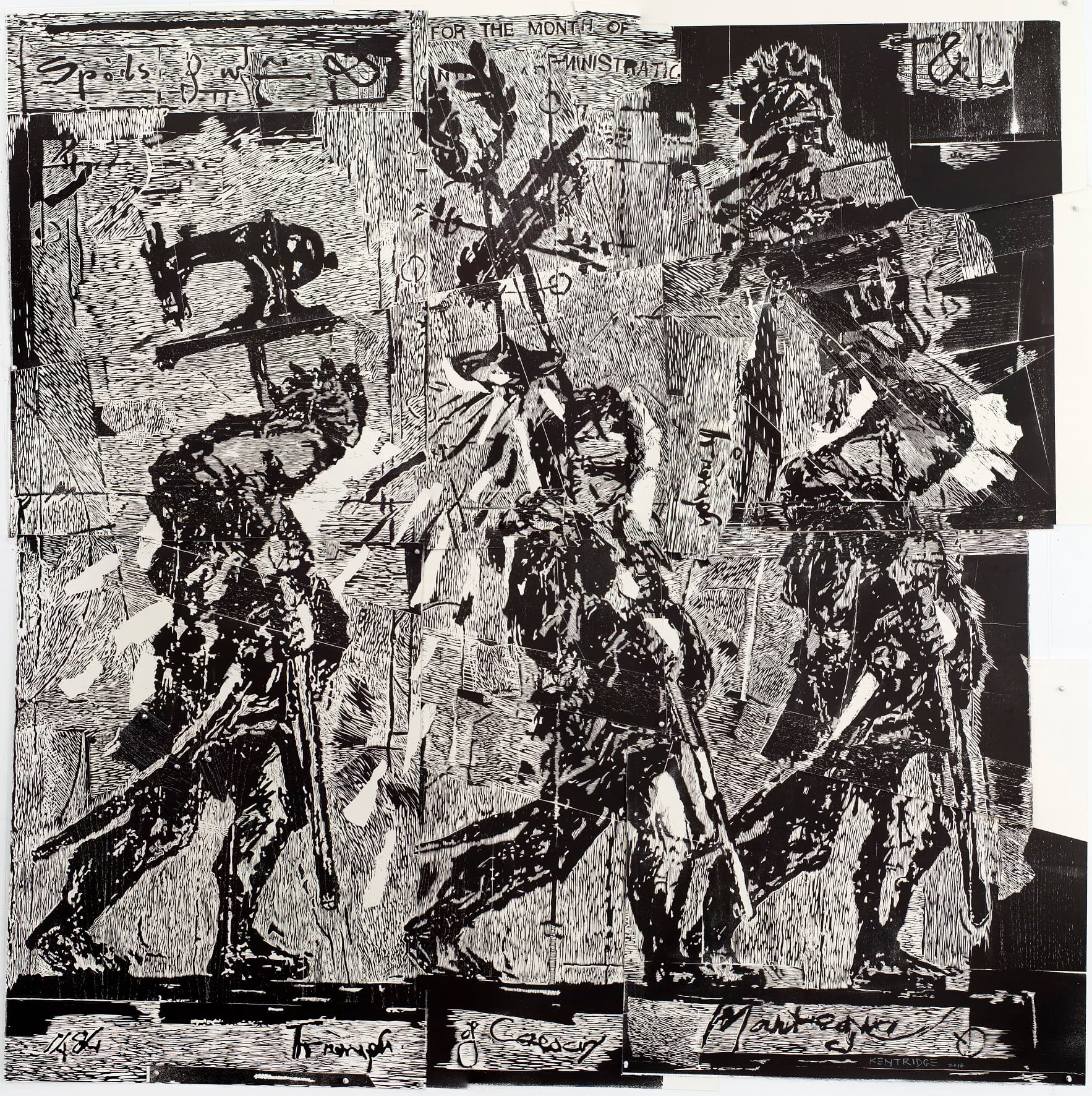 Ein Kupferstich-Bild mit abstrakten, schemenhaften Figuren, die in Bewegung dargestellt sind; überlagert von Linien, Schraffuren und Fragmenten von Text und Symbolen, wodurch ein dynamischer und vielschichtiger Eindruck entsteht.