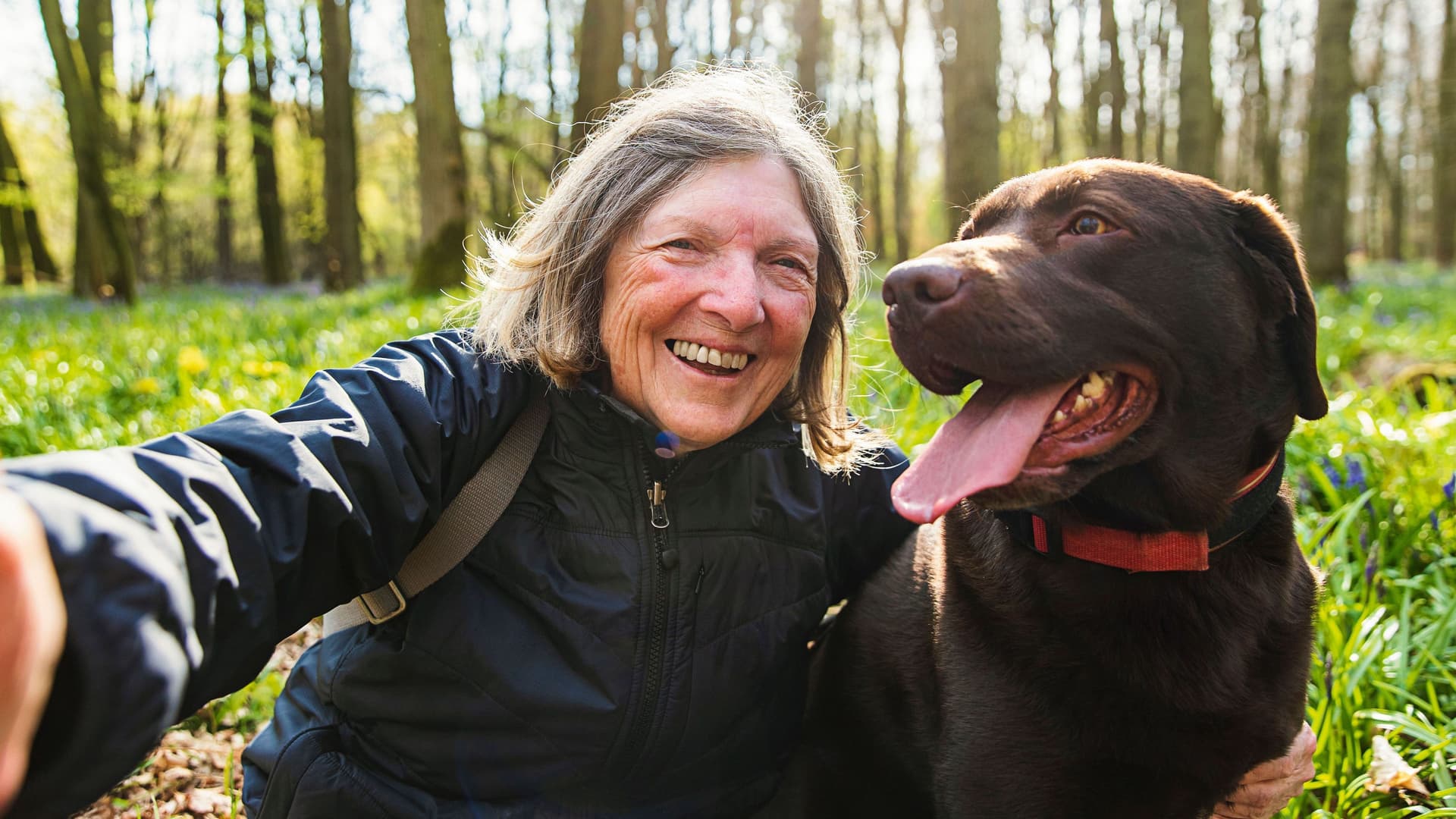 Eine Frau Dame macht ein Selfie mit einem Hund auf einer Wiese. Im Hintergrund scheint die Sonne durch die Bäume.