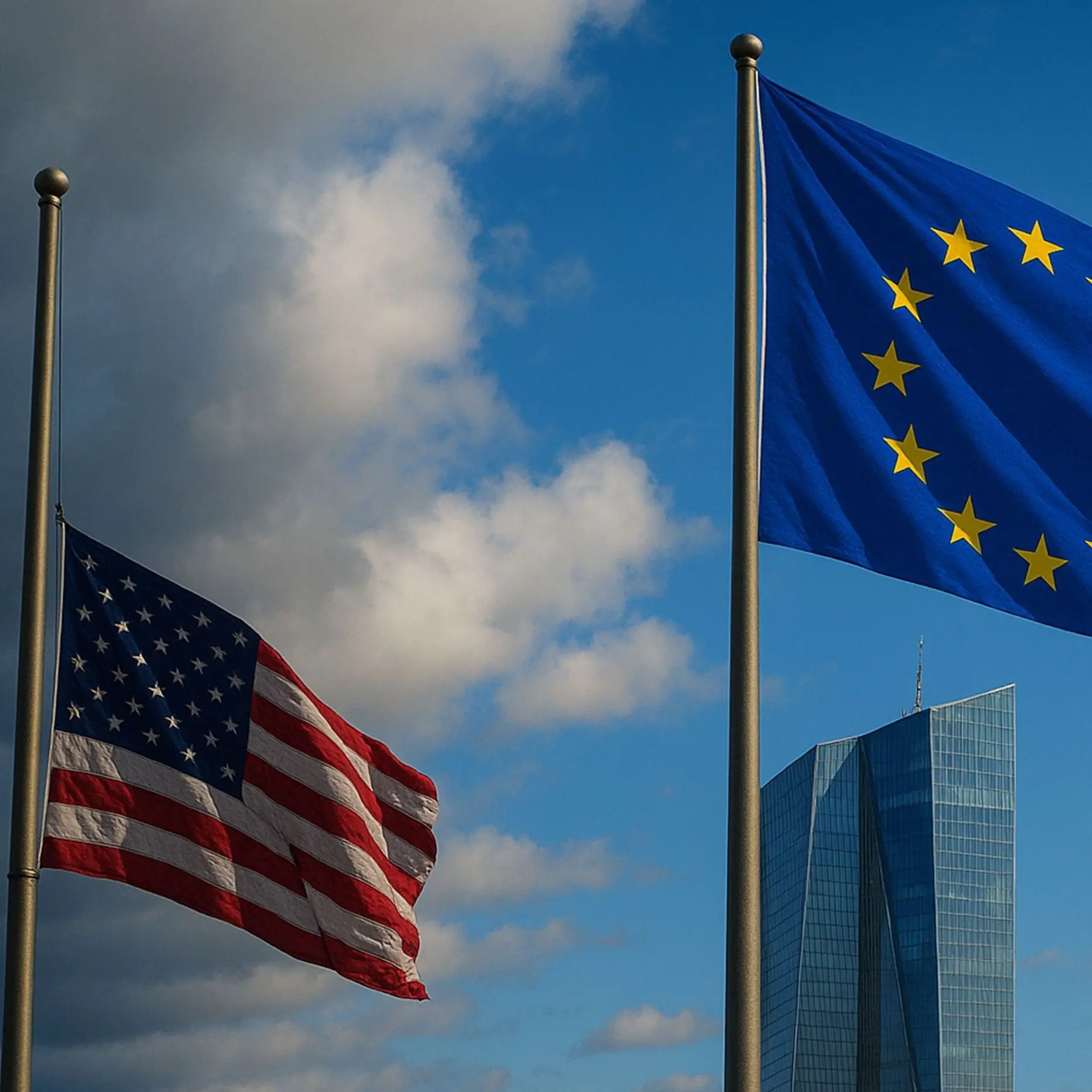 Eine amerkanisch Flagge auf Halbmast, vor einem Gewitterhimmel und eine europäische Flagge, vor einem blauen Himmel.