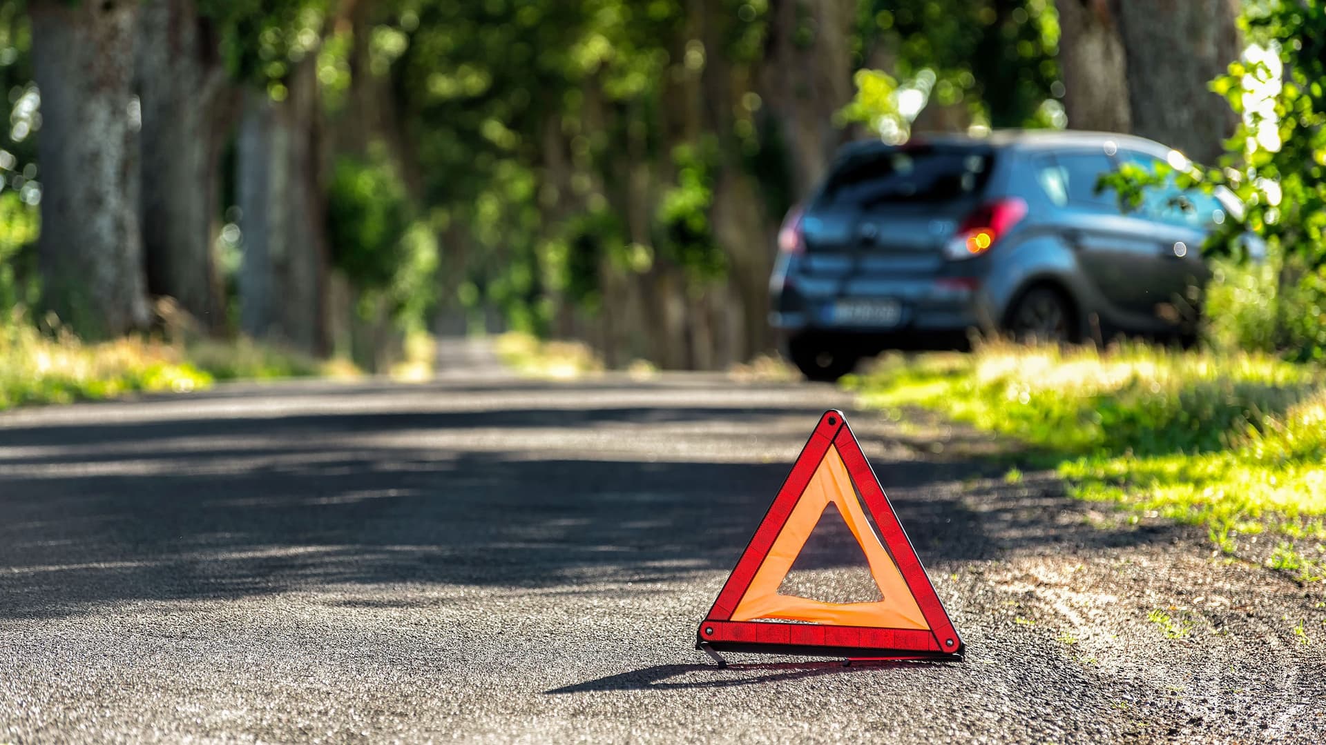 Ein Auto ist auf einer Landstraße an einen Baum gestoßen. Ein Warndreieck wurde aufgestellt.