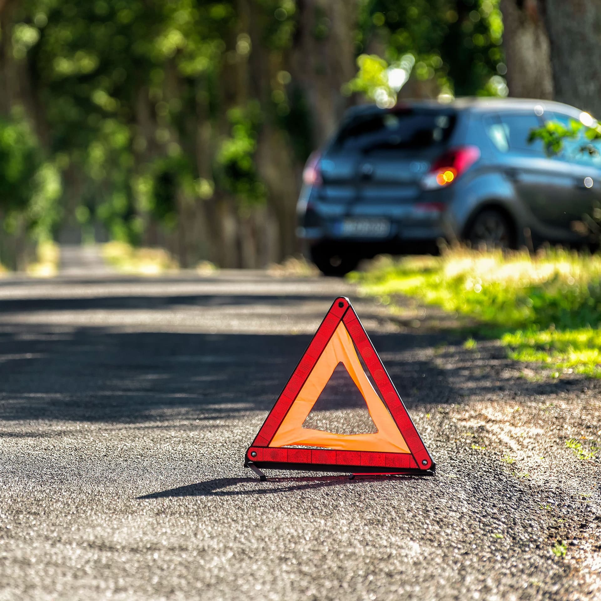 Ein Auto ist auf einer Landstraße an einen Baum gestoßen. Ein Warndreieck wurde aufgestellt.