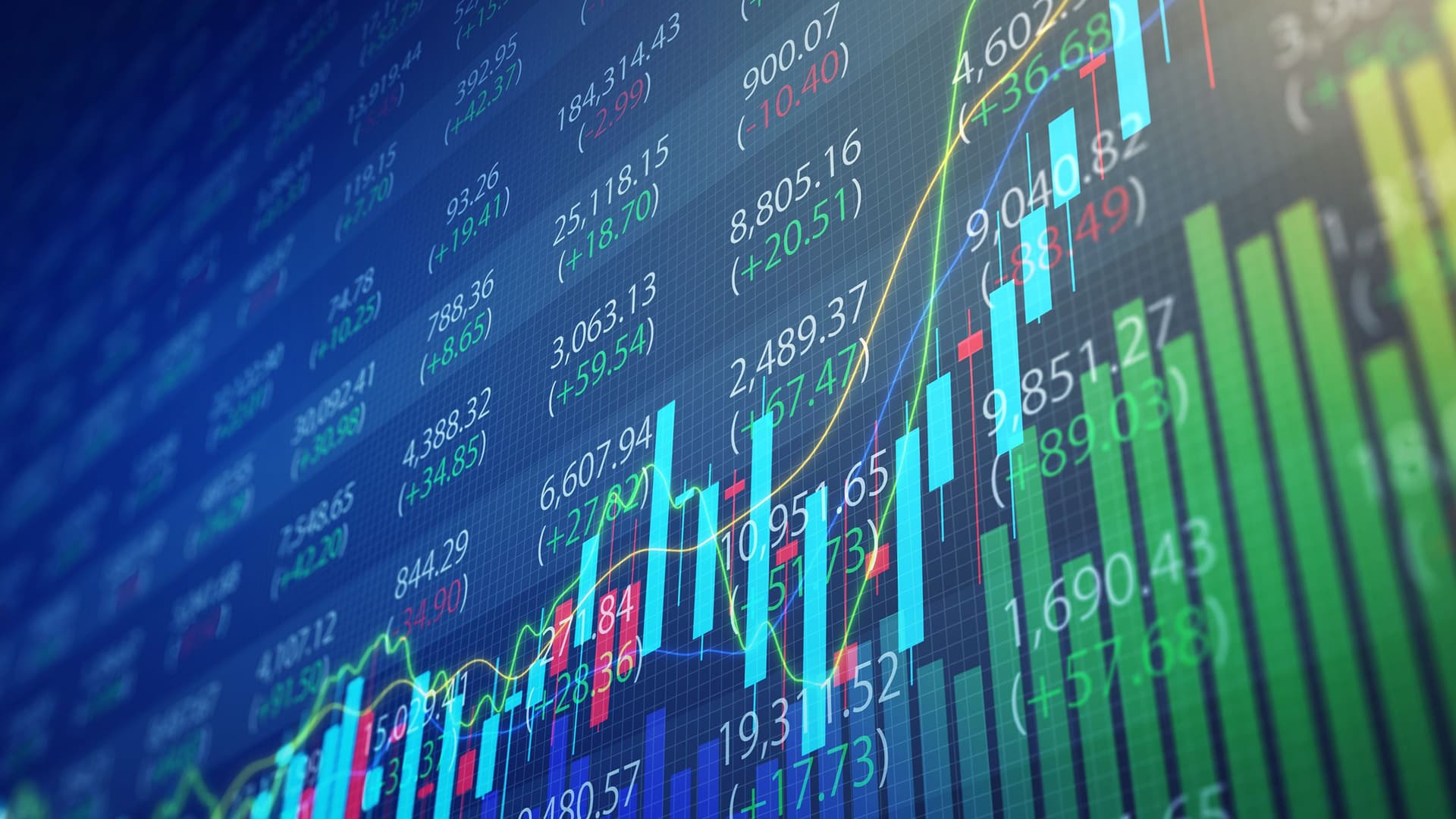 Darstellung von Börsendaten mit Zahlen, Balken- und Liniendiagrammen auf einem digitalen Bildschirm. Die Grafik zeigt steigende und fallende Aktienkurse und symbolisiert Finanzmärkte und Handel.