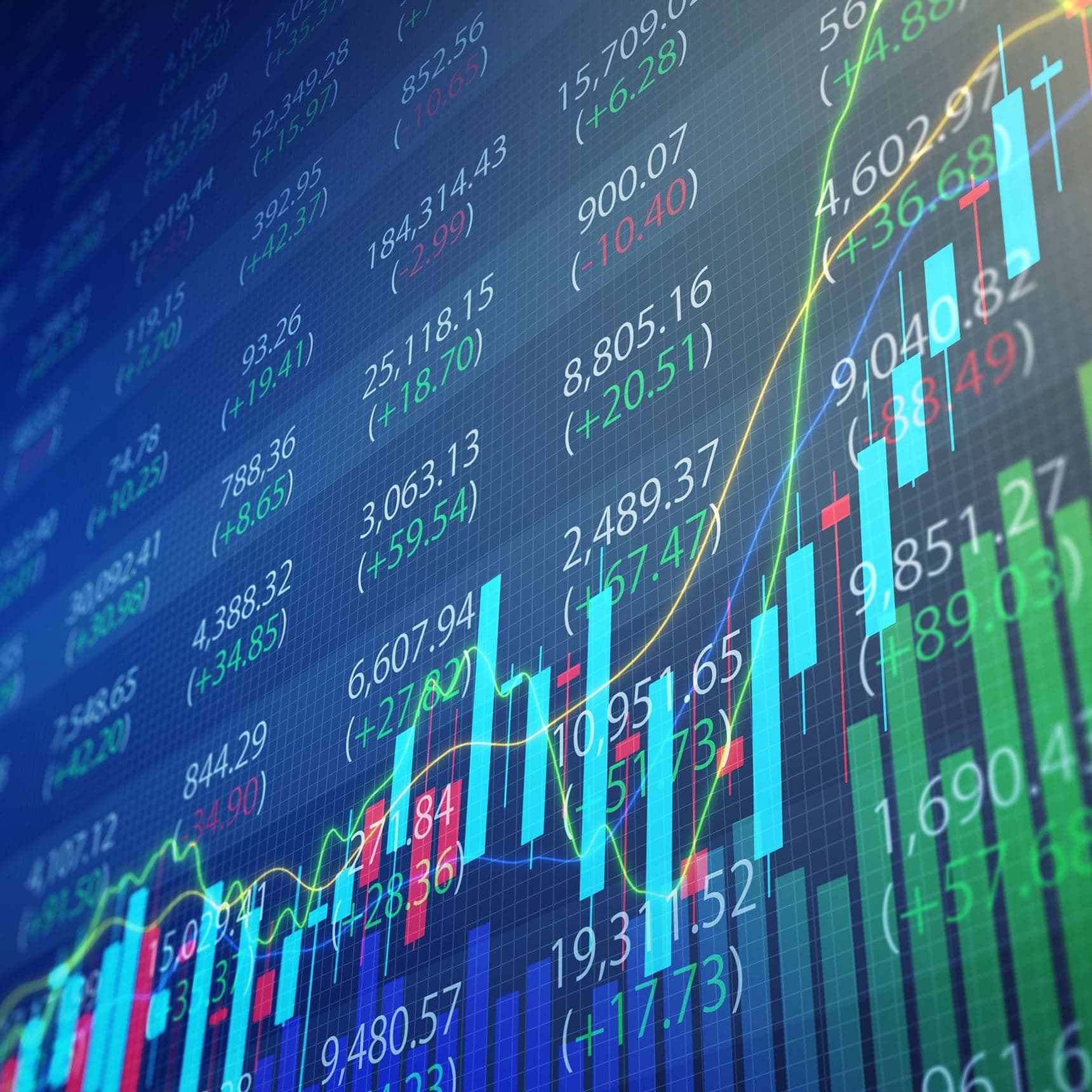 Darstellung von Börsendaten mit Zahlen, Balken- und Liniendiagrammen auf einem digitalen Bildschirm. Die Grafik zeigt steigende und fallende Aktienkurse und symbolisiert Finanzmärkte und Handel.
