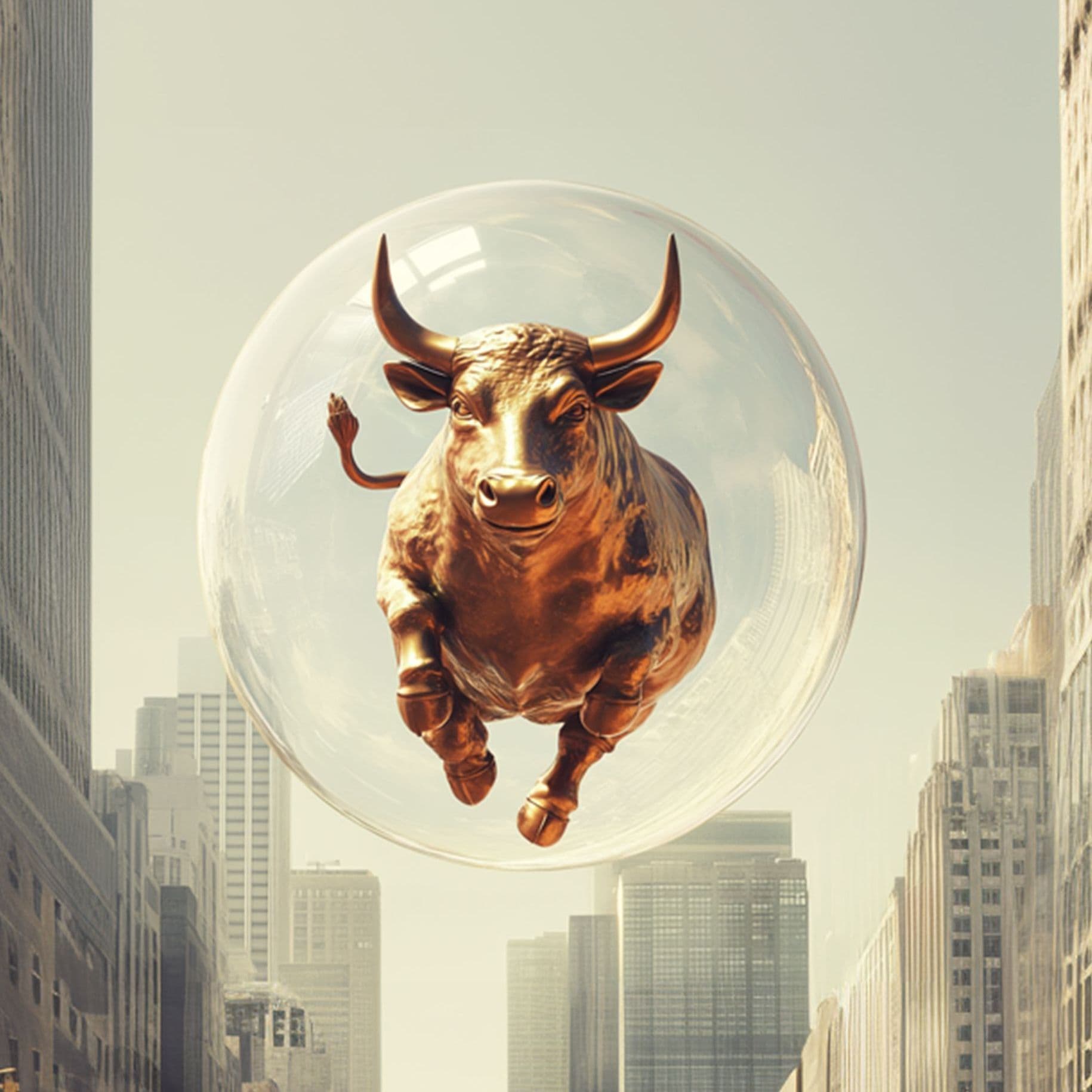 Bulle schwebt in Blase über einer Stadt