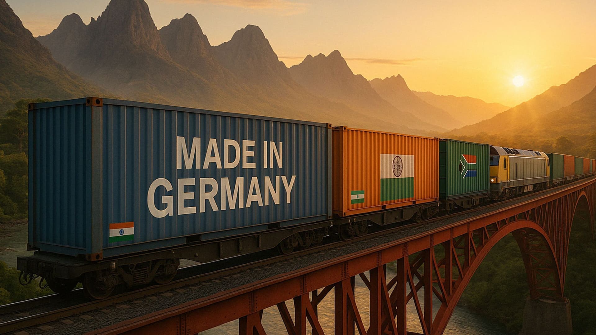 Ein Containerzug mit der Aufschrift "Made in Germany" fährt auf einer Bahnbrücke durch die Anden.