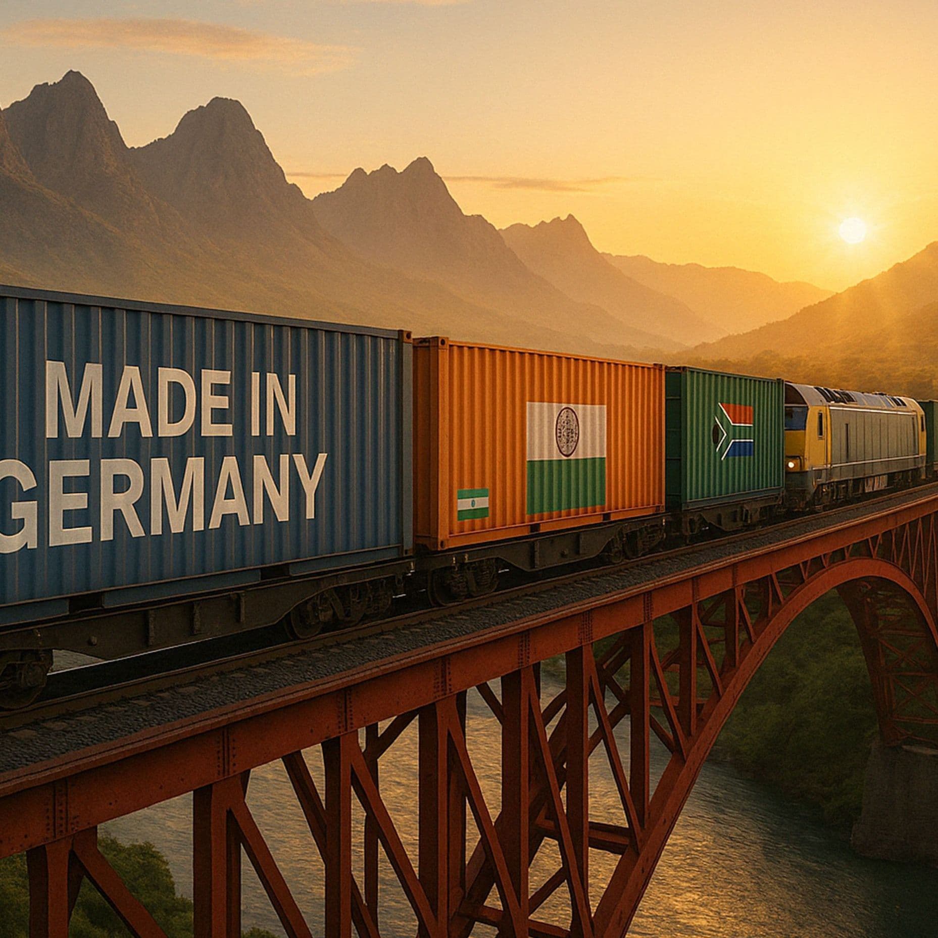 Ein Containerzug mit der Aufschrift "Made in Germany" fährt auf einer Bahnbrücke durch die Anden.