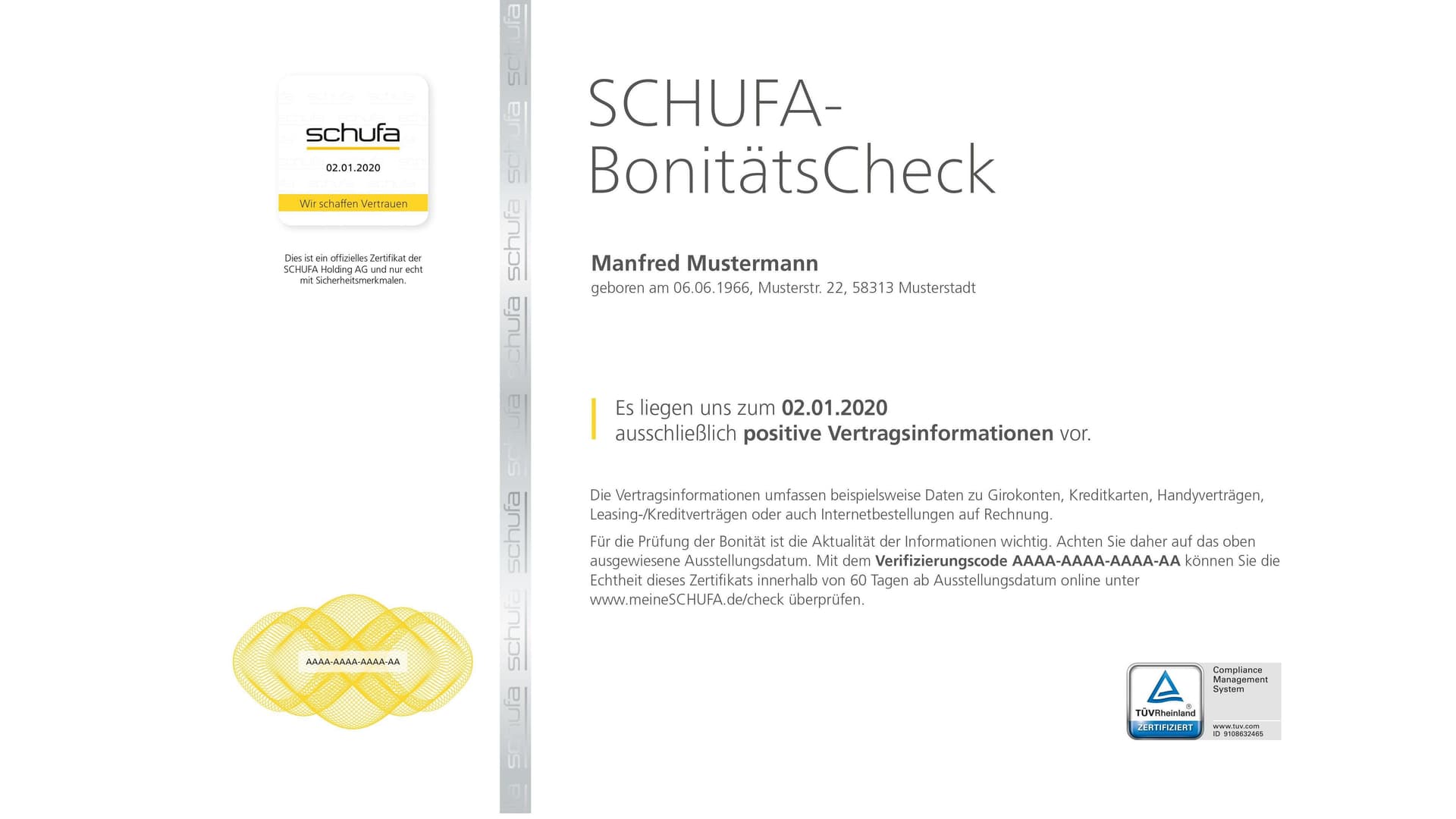 Offizielles Muster eines Schufa-BonitätsChecks. Neben den Daten zur Person sind Sicherheitsmerkmale wie Hologrammstreifen und SCHUFA-Siegel zu sehen.