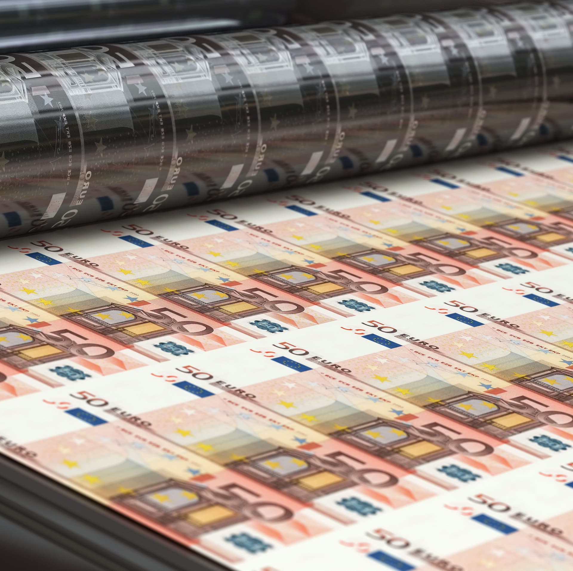 Nahaufnahme der Produktion von 50-Euro-Scheinen in Druckmaschine