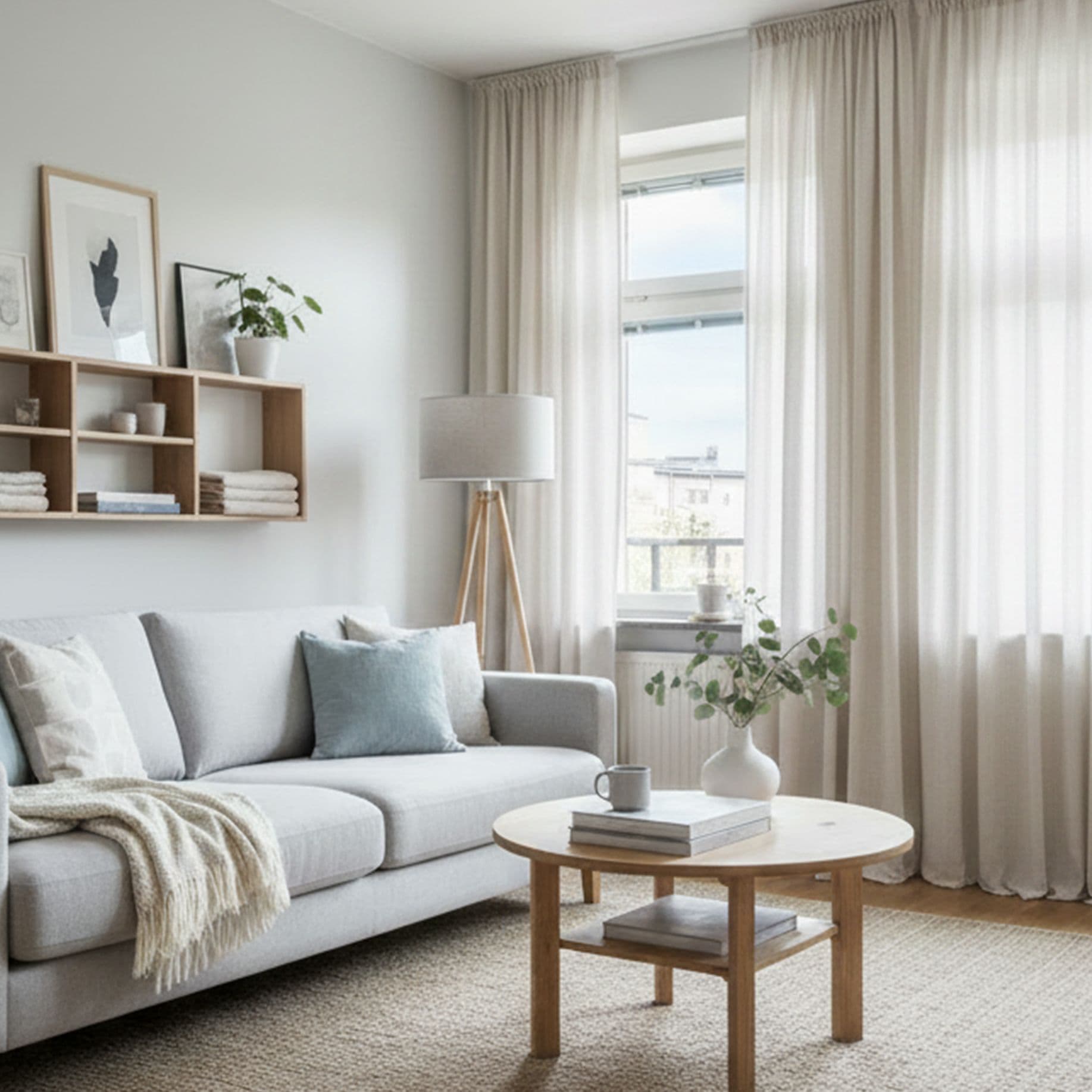 Heller, modern eingerichteter Wohnraum mit Sofa, Holztisch, Stehlampe und Fenster mit Vorhängen.