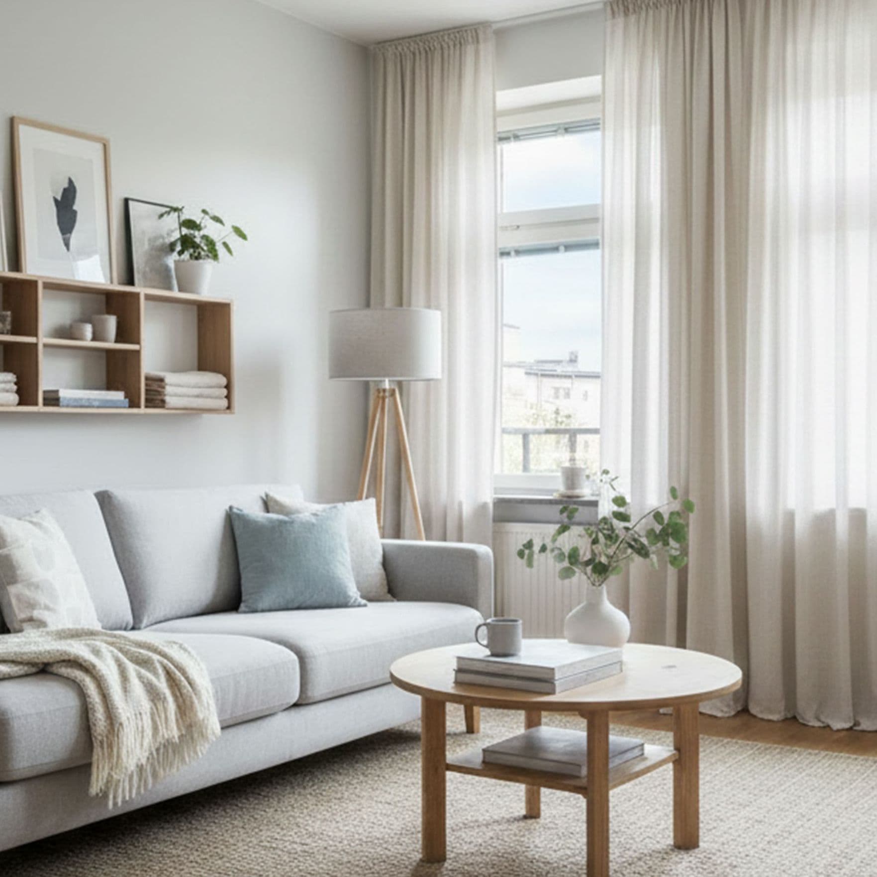 Heller, modern eingerichteter Wohnraum mit Sofa, Holztisch, Stehlampe und Fenster mit Vorhängen.