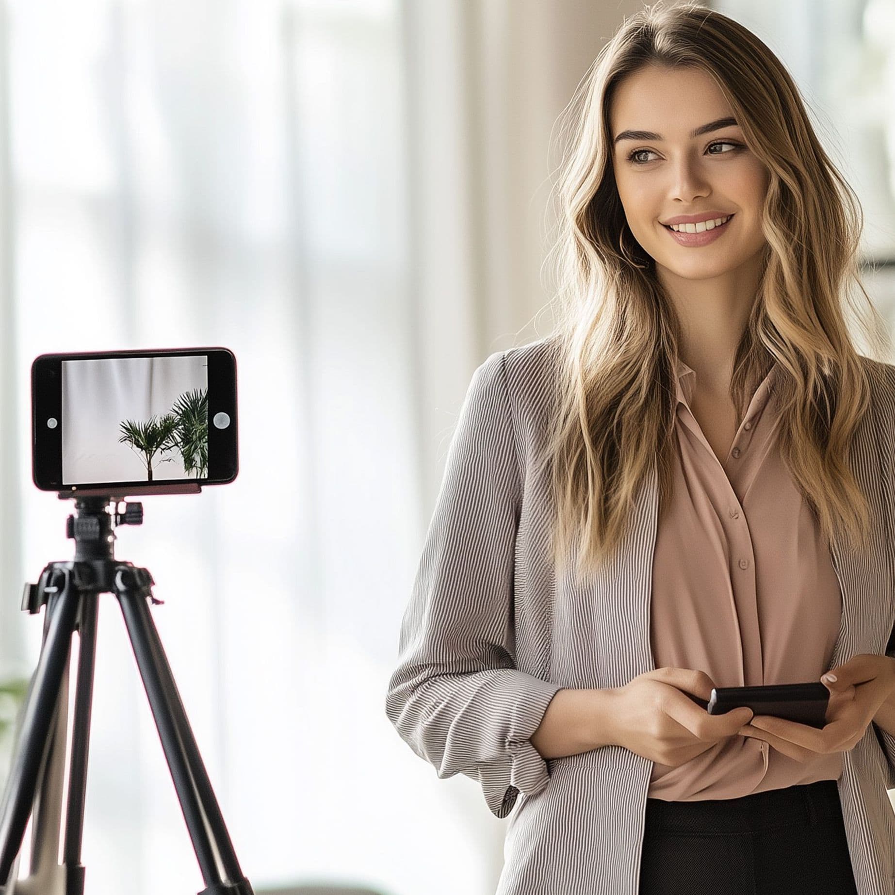 Eine junge Frau dreht Videos mit ihrem Smartphone.