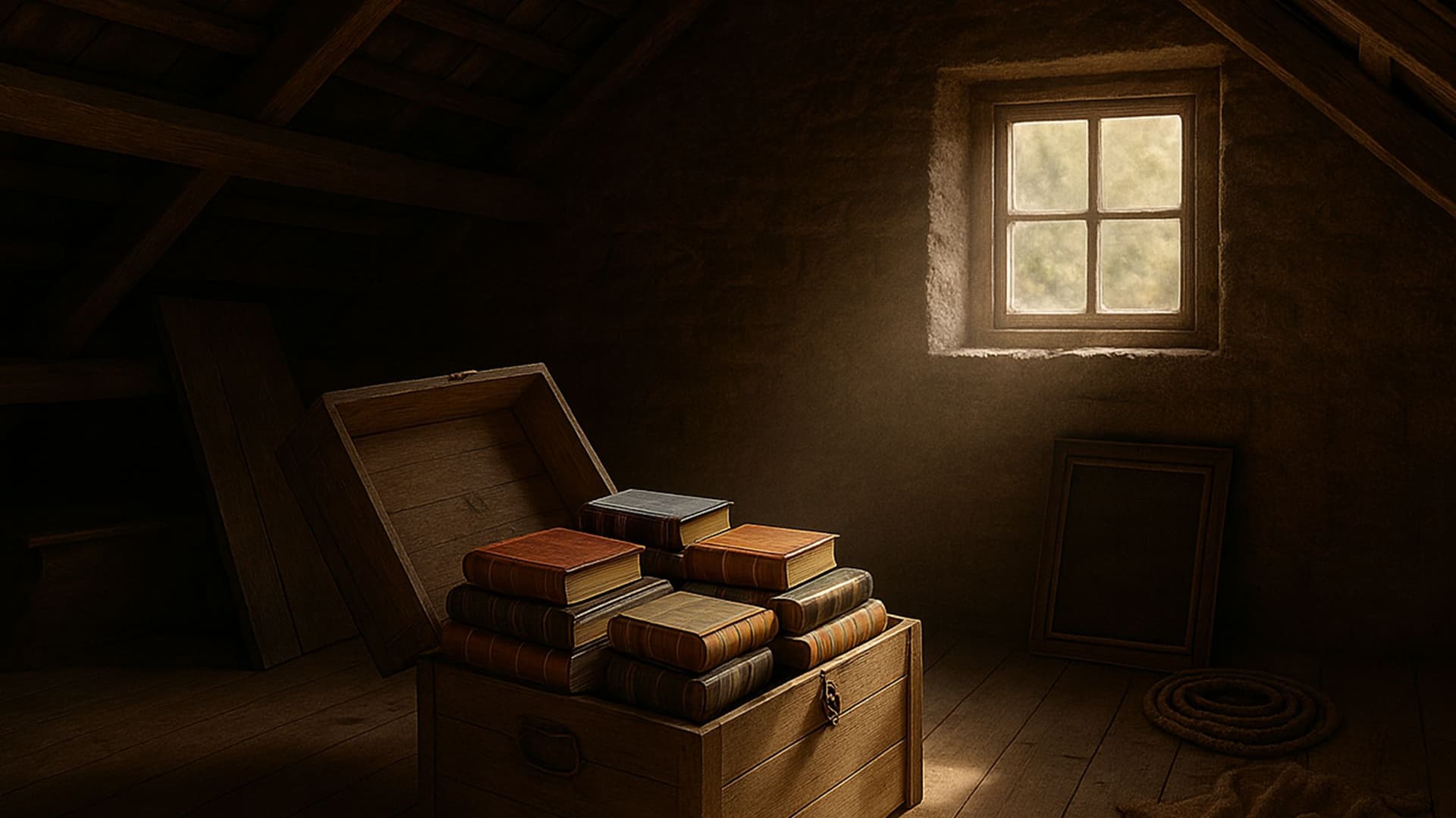 In einer staubigen Dachkammer fällt Sonnenlicht durch ein kleines Fenster auf eine offene Holzkiste voller alter Bücher