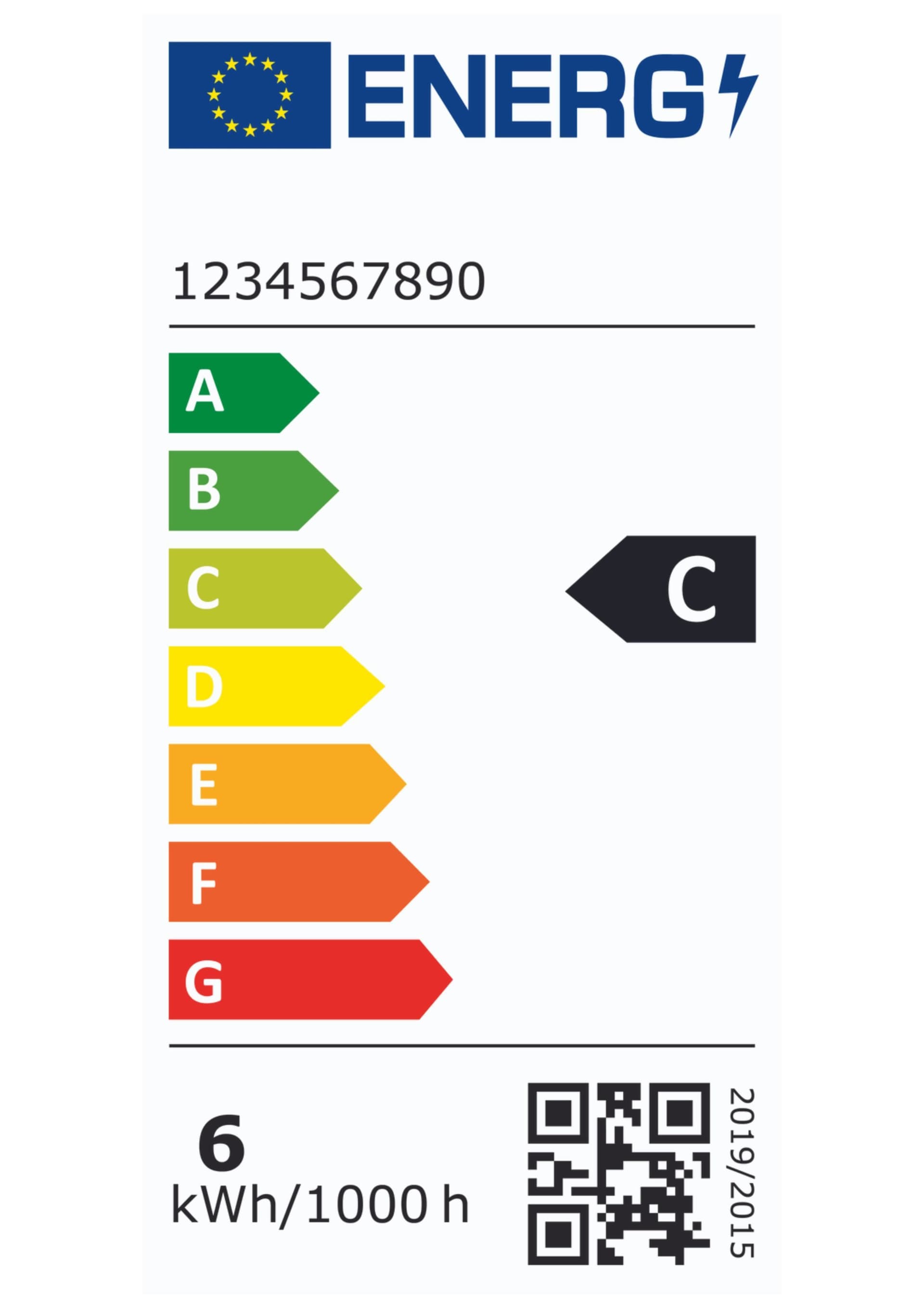 Beispielbild EU-Energielabel mit Energieeffizienzklasse C und einem Verbrauch von 6 kWh pro 1000 Stunden