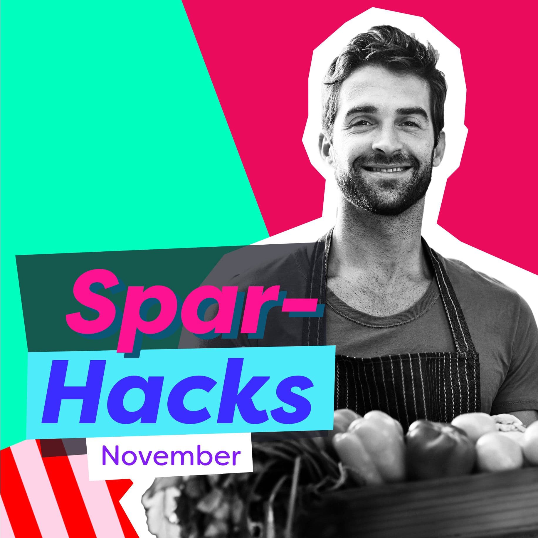 Ein Mann mit einem Gemüse-Korb vor grafischem Hintergrund. Im Vordergrund steht "Spar-Hacks November"