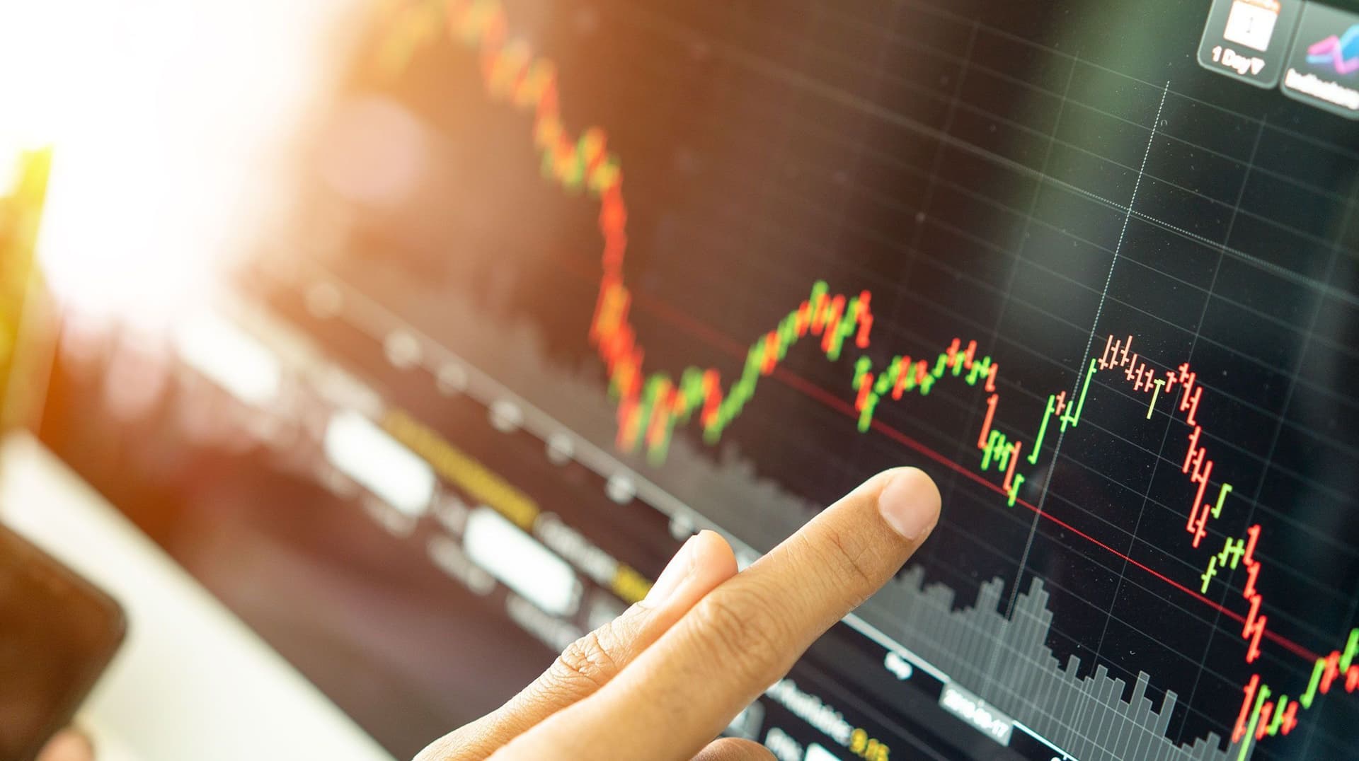 Ein Finger vor einem Bildschirm auf dem Kursentwicklungen zu sehen sind. Die Oberfläche spiegelt Sonnenlicht wieder.