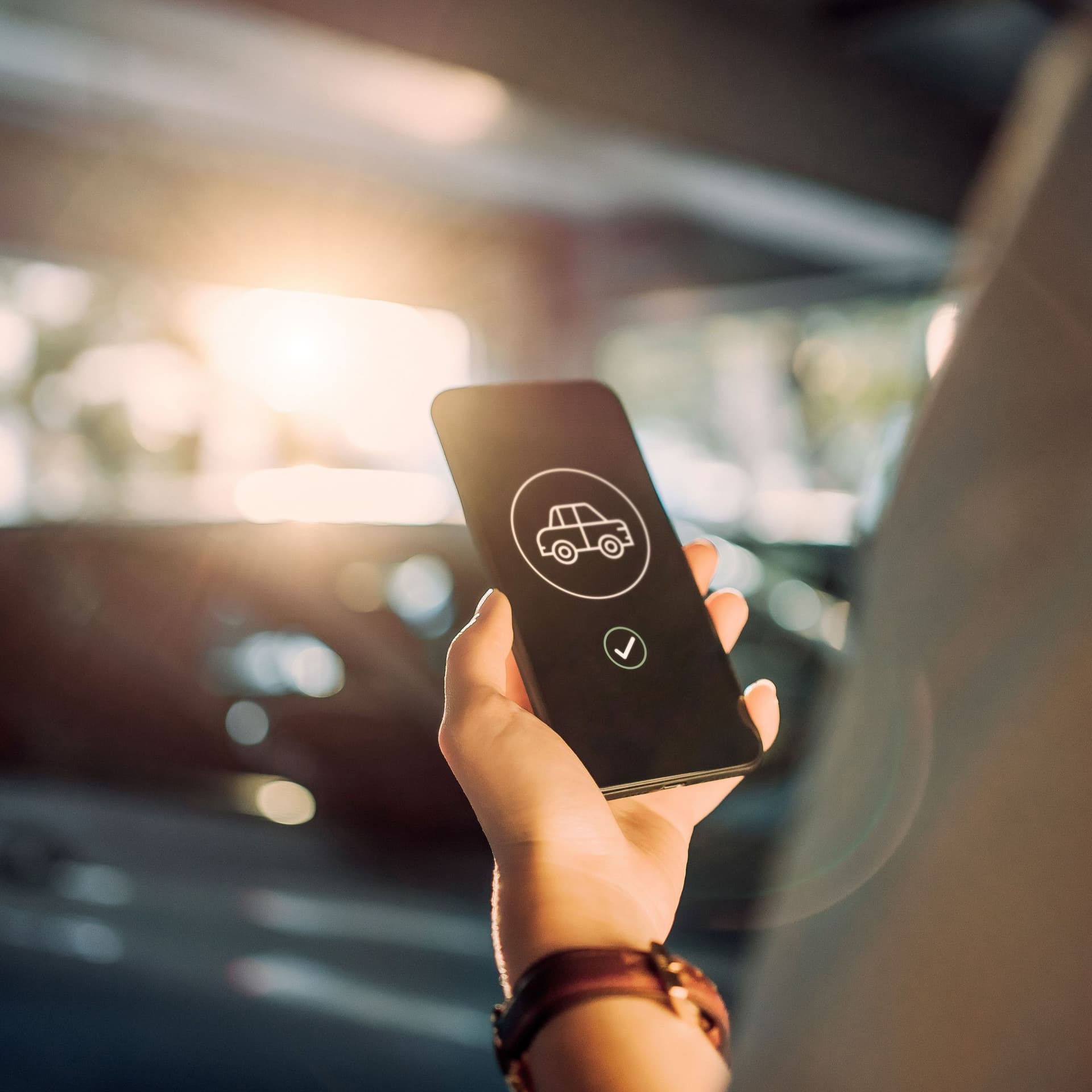 Blick über die Schulter einer jungen Frau, die eine mobile App auf einem Smartphone benutzt, um ein Taxi in der Stadt zu bestellen.