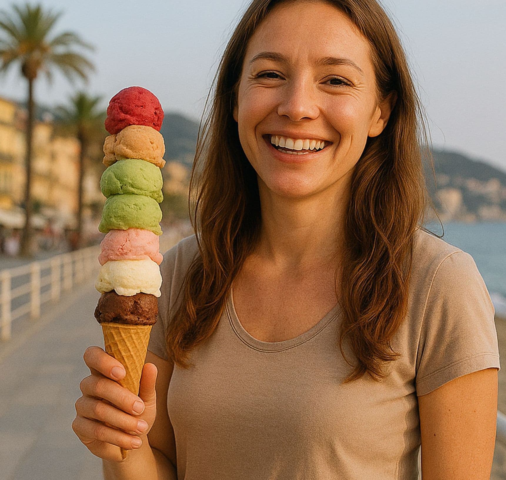 Eine junge Frau steht lachend an einer Strandpromenade mit bunten Häusern im Hintergrund und hält ein riesiges Eis mit sieben Kugeln in verschiedenen Farben in der Hand. Die Szene wirkt sommerlich und fröhlich.