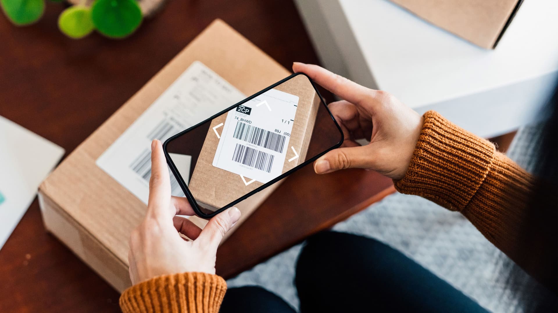 Person, die Lieferungsbarcode auf Paket mit Smartphone scannt