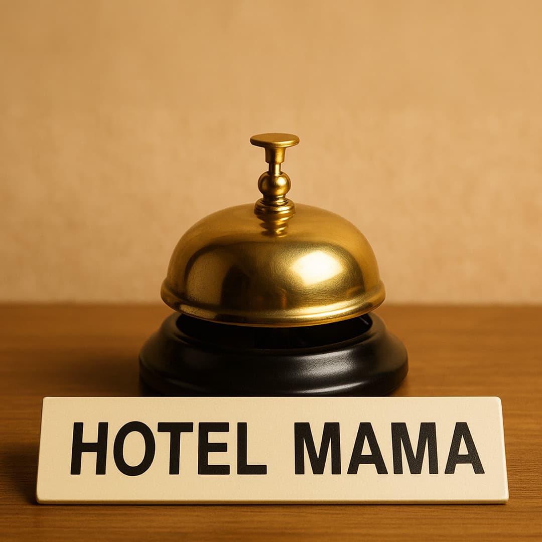 Eine klassische goldene Hotelklingel steht auf einem Holztresen, davor ein Schild mit der Aufschrift HOTEL MAMA