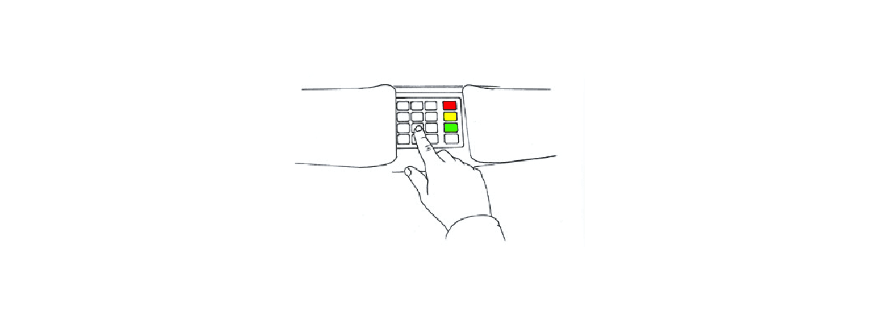 Illustration einer Hand, die eine PIN am Bankautomaten eingibt.