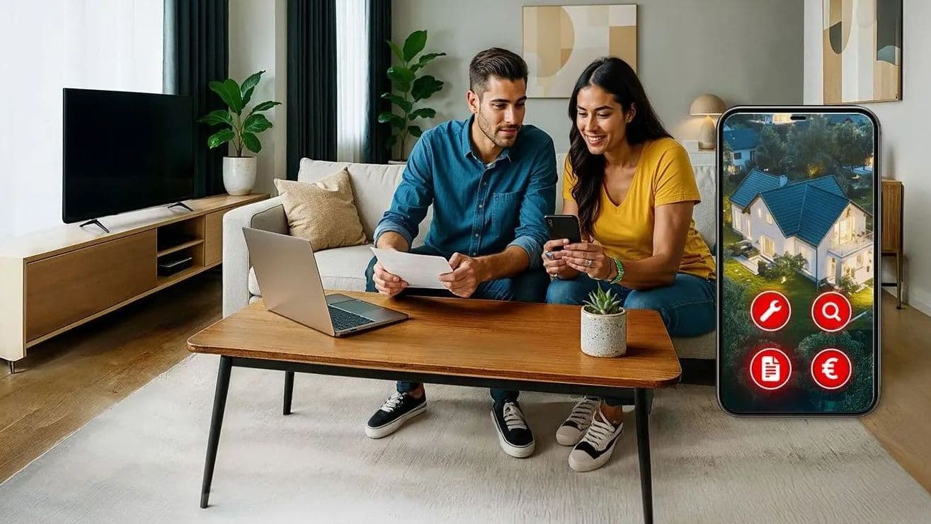 Junges Paar sitzt auf dem Sofa und plant mit Smartphone und Laptop die nächsten Schritte rund um den Immobilienkauf. Im Vordergrund ein Smartphone mit Symbolen zu Immobilie, Finanzierung und Modernisierung.