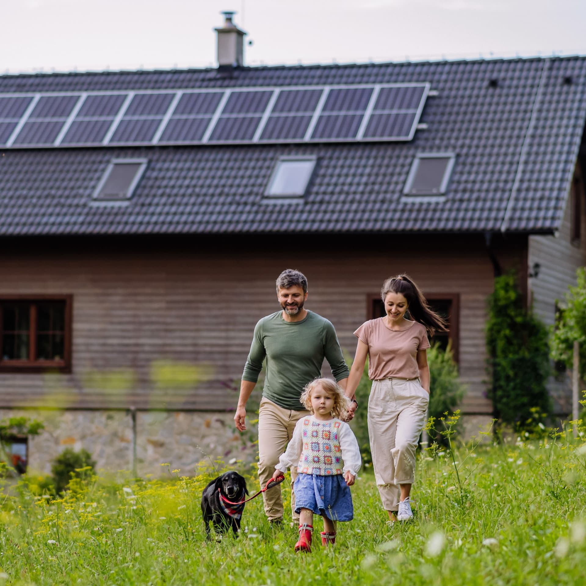 Junge Familie mit Tochter und Hund laufen über eine Wiese vor einem kleinen Haus mit Solarpanelen auf dem Dach.