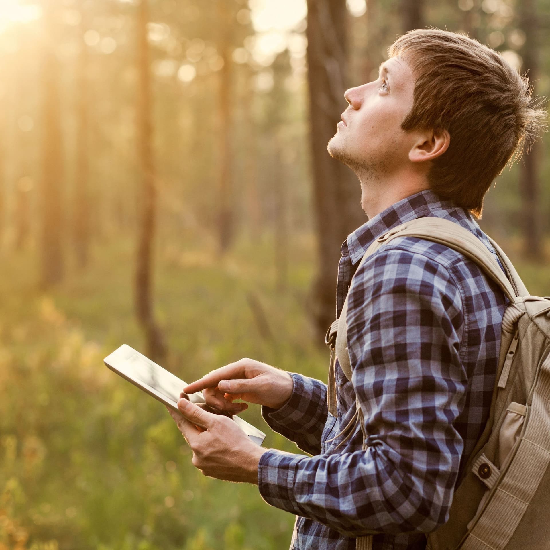 Junger Mann mit Tablet in der Hand wandert durch einen Wald