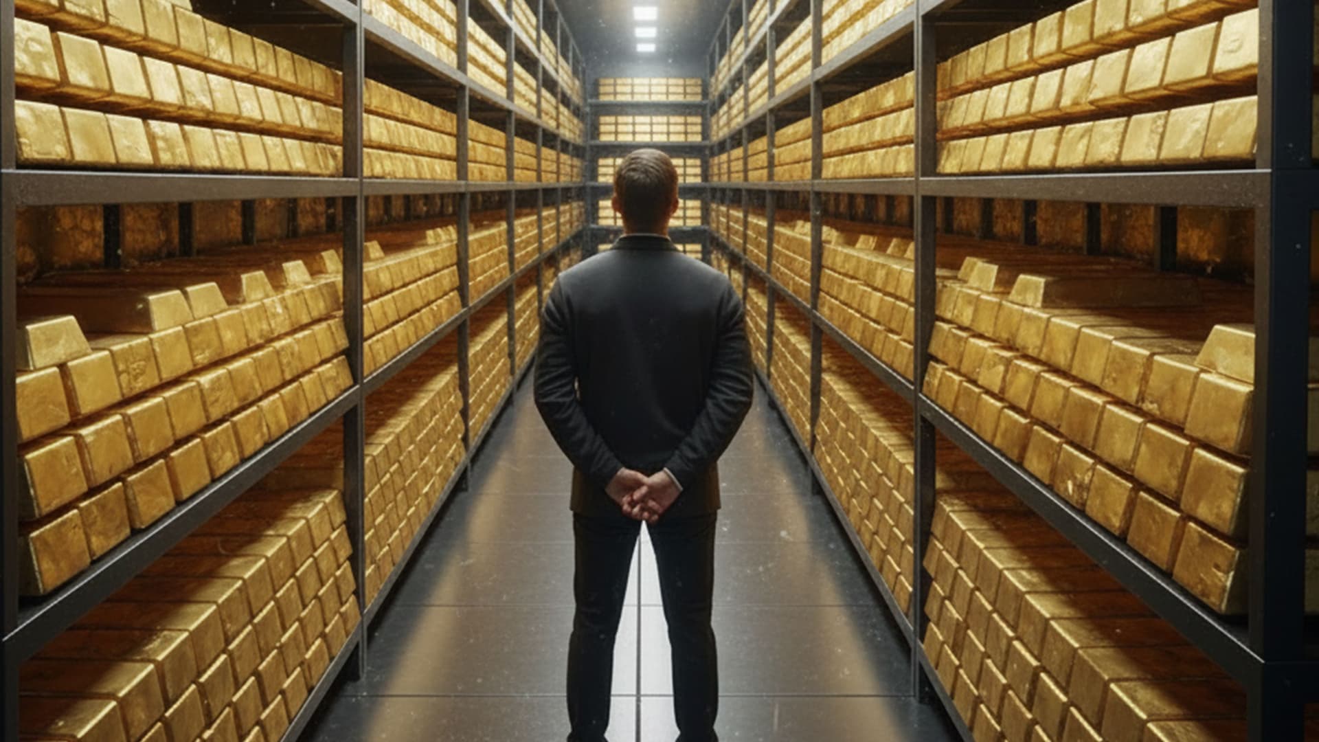 Ein Mann in dunklem Anzug steht mit verschränkten Händen in einem langen Gang, der beidseitig mit Regalen voller Goldbarren gefüllt ist. Die Szene wirkt wie ein sicherer Tresorraum mit einer großen Menge an Gold.