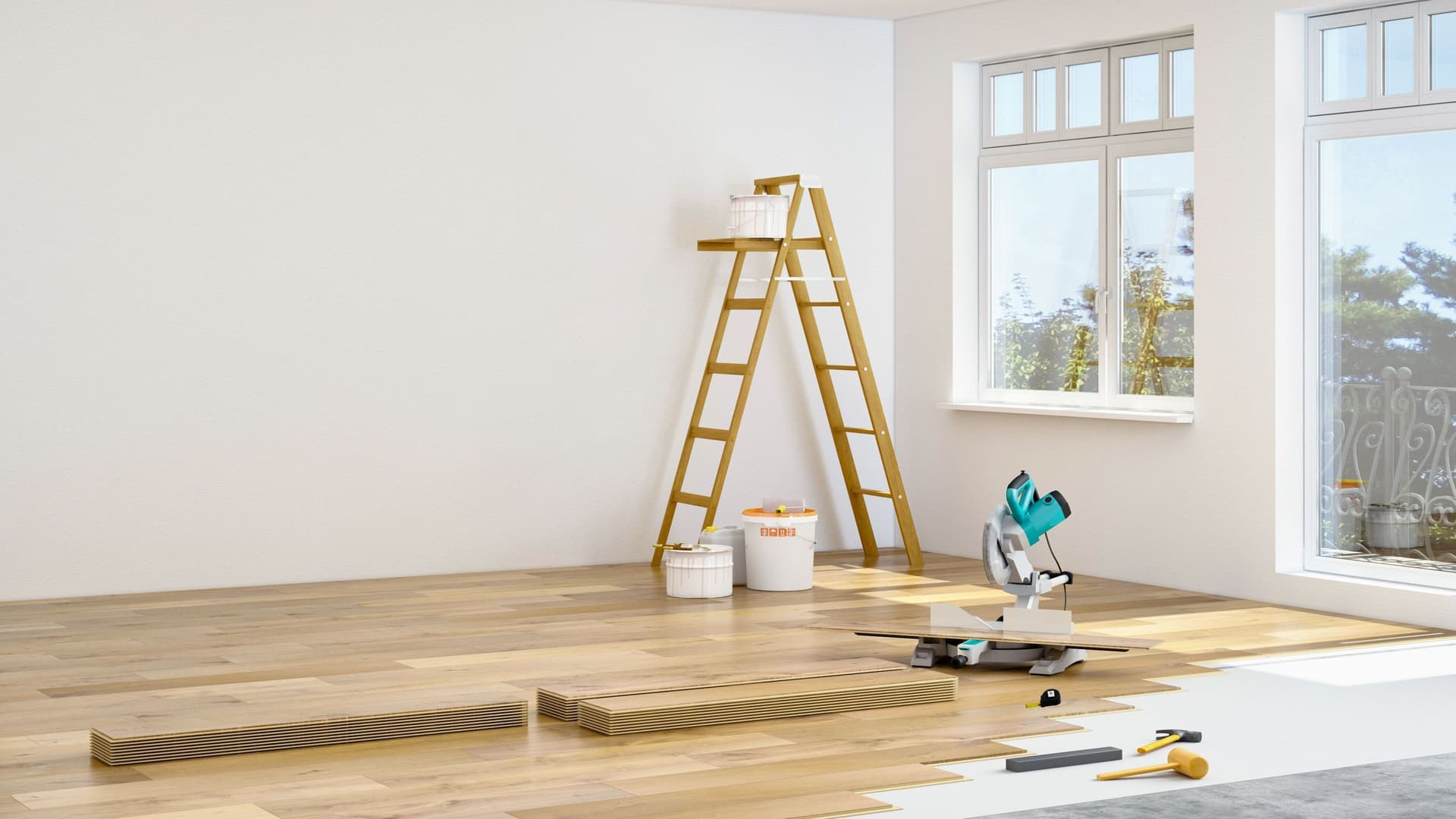 Modernisierung einer Wohnung. Holzboden wurde zum Teil verlegt und im Hintergrund steht eine Leiter.